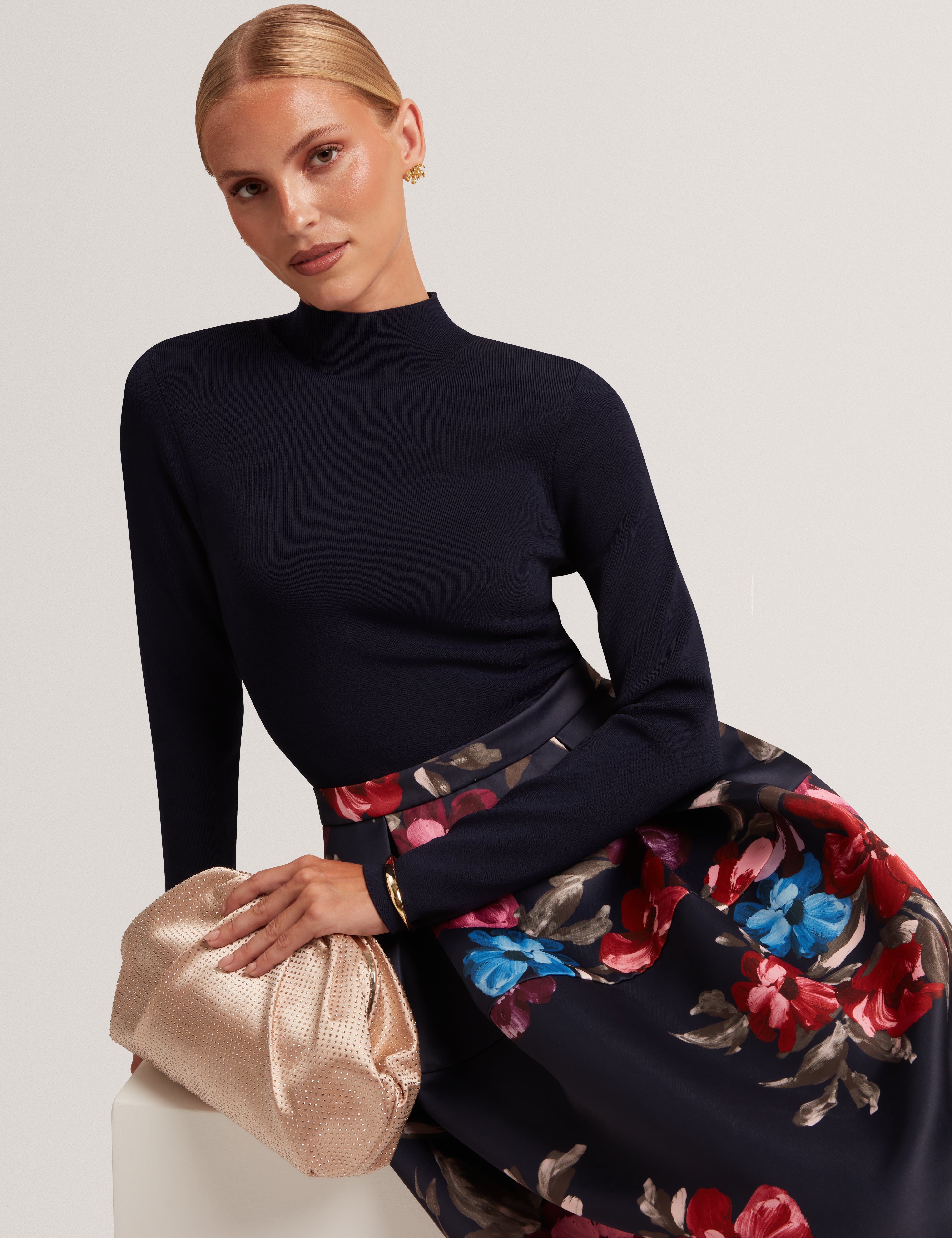 Elarra Midi Dress With Printed Ottoman Navy