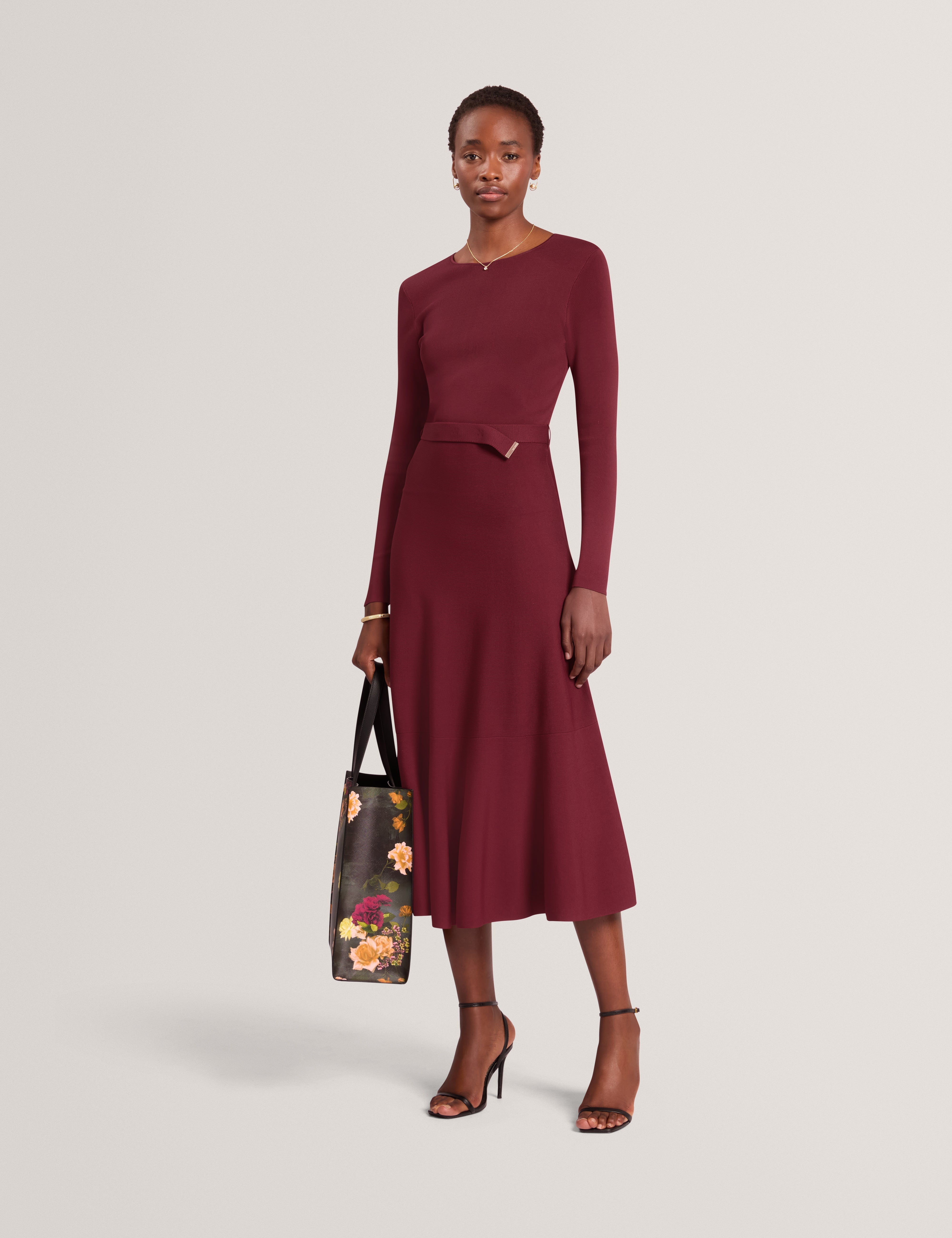 Talmah Long Sleeve Belted Knitted Midi Dress Maroon