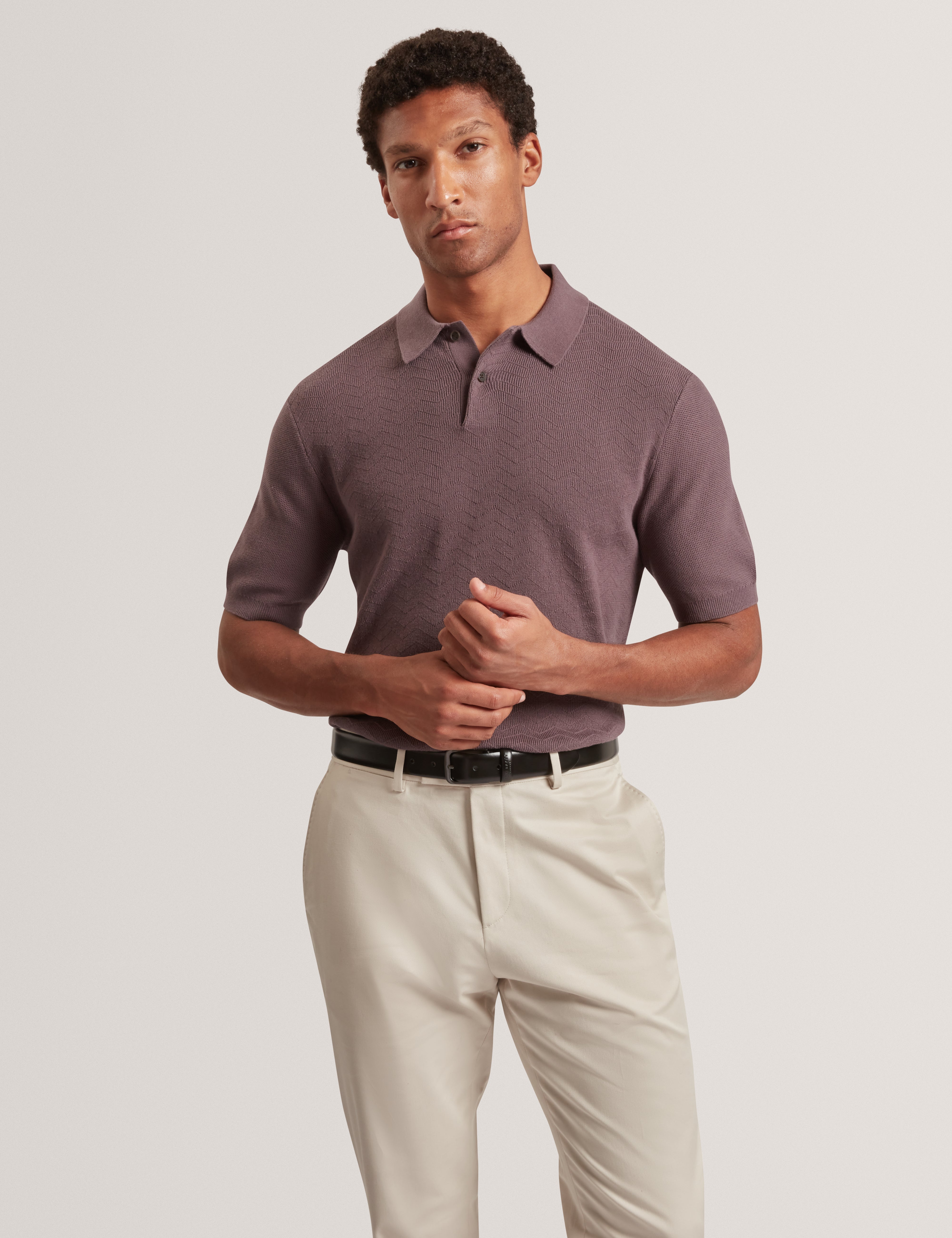Hamels Short Sleeve Mixed Stitch Button Polo Dk-Brown