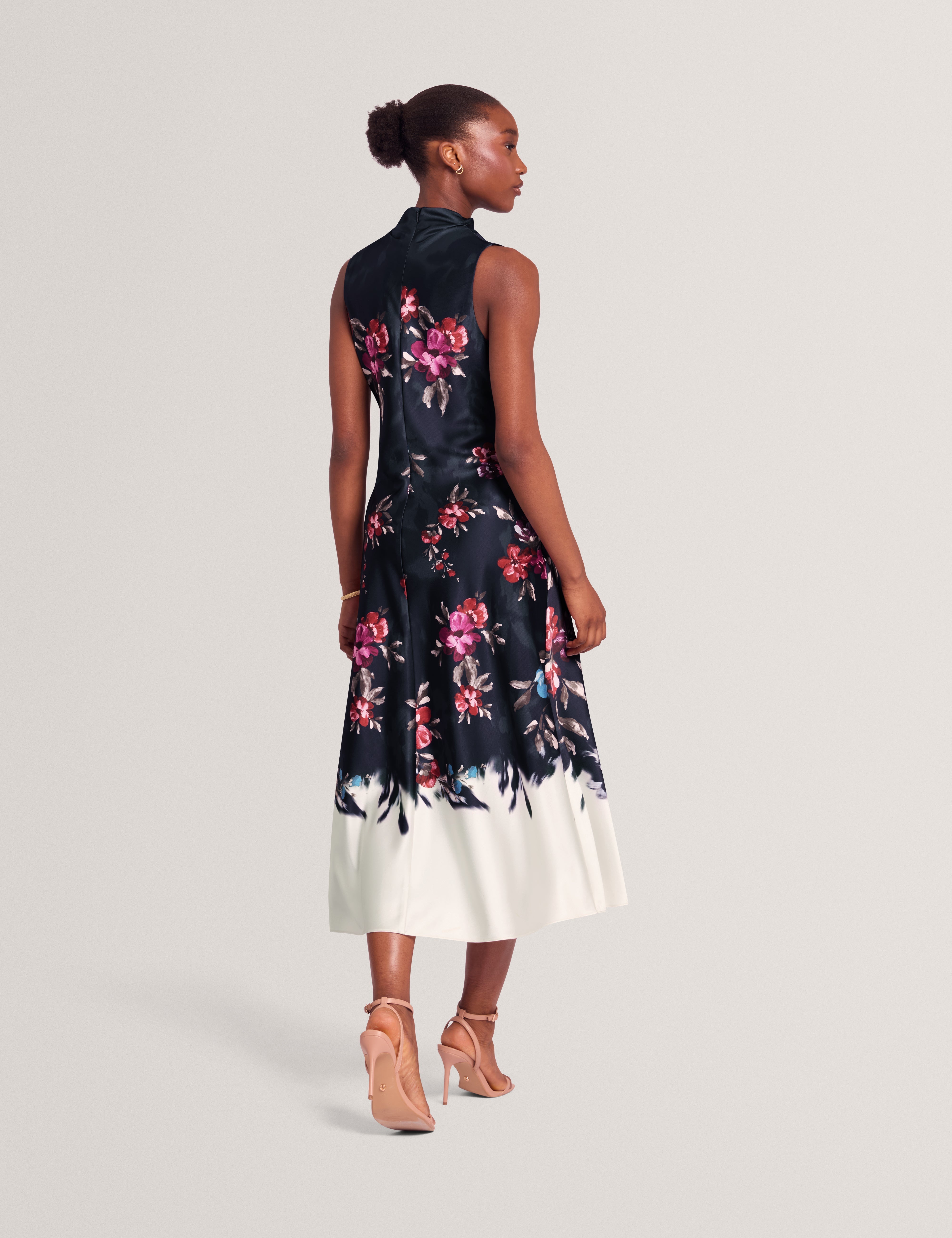 Wickla Floral Printed Drape Neck Midi Dress Navy
