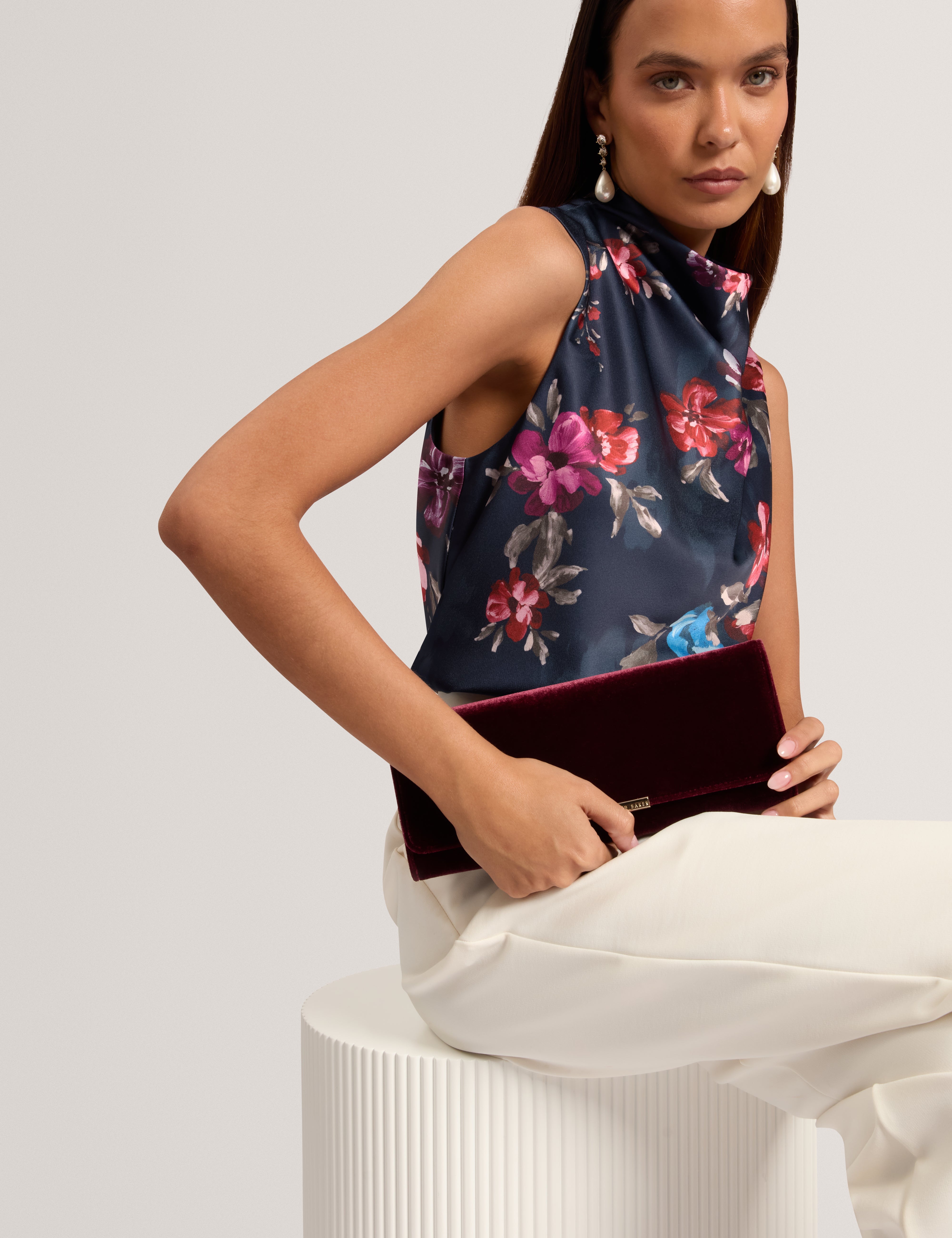 Zaddii Floral Printed Drape Neck Top Navy