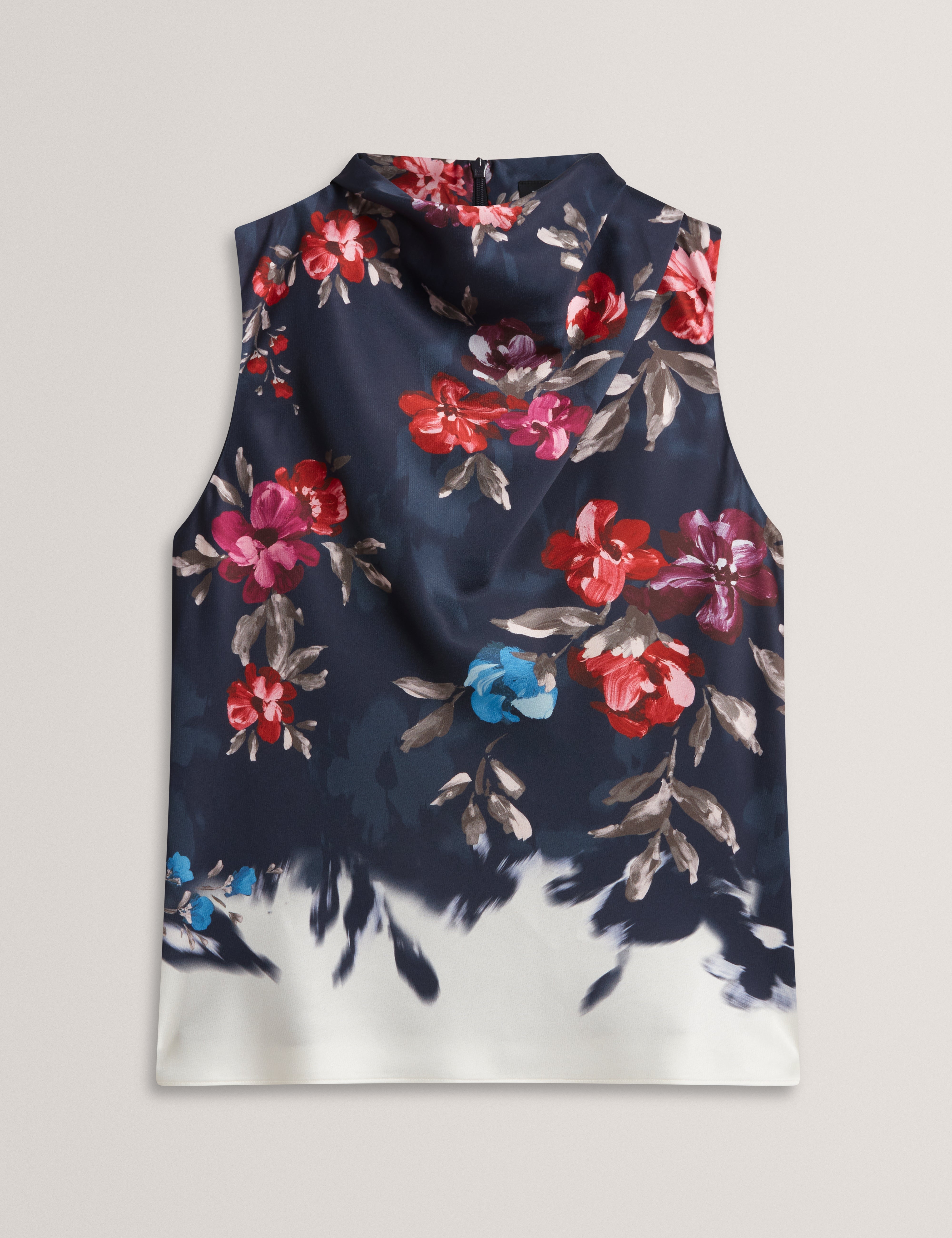 Zaddii Floral Printed Drape Neck Top Navy