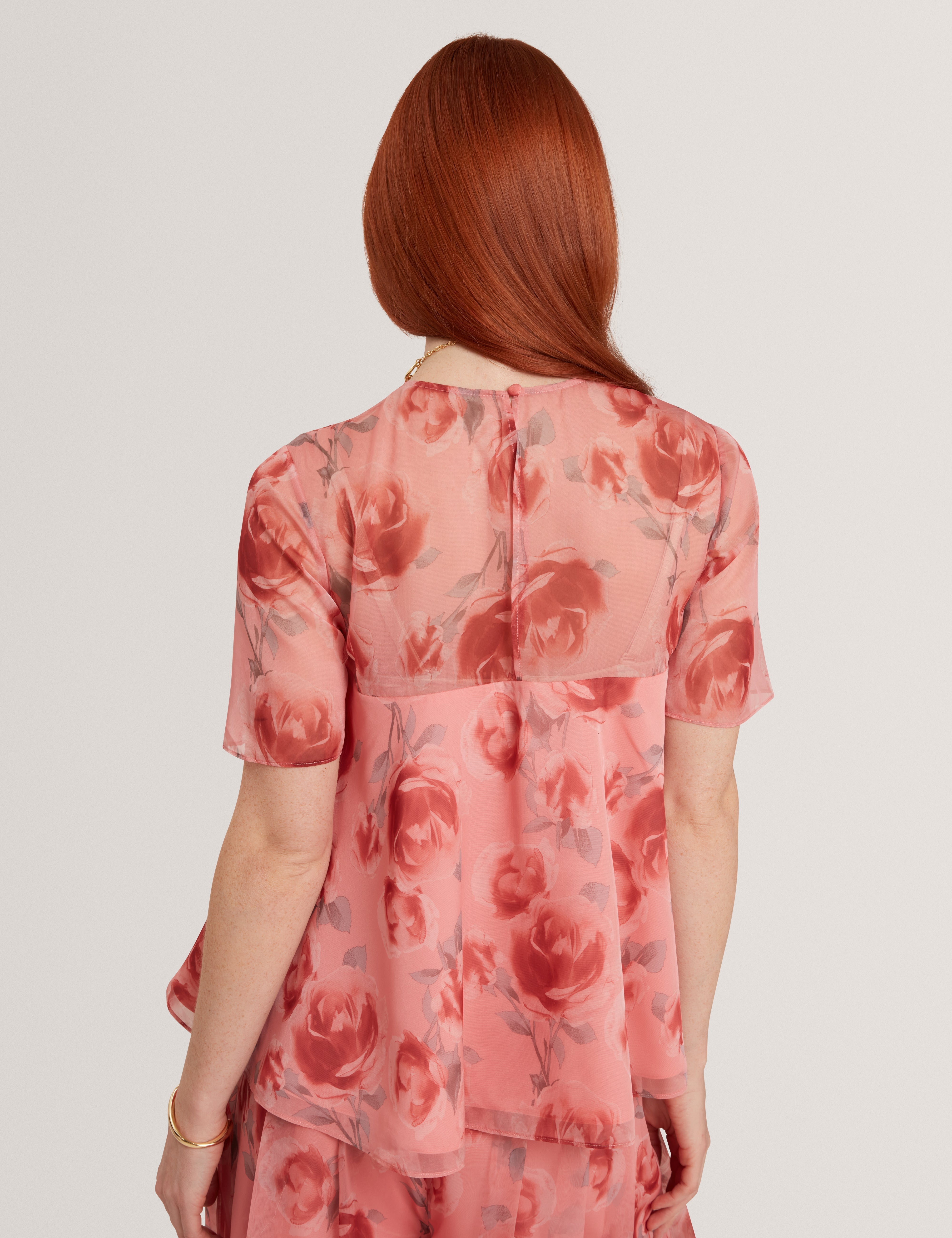 Charzi Printed Sheer Cap Sleeve Top Coral