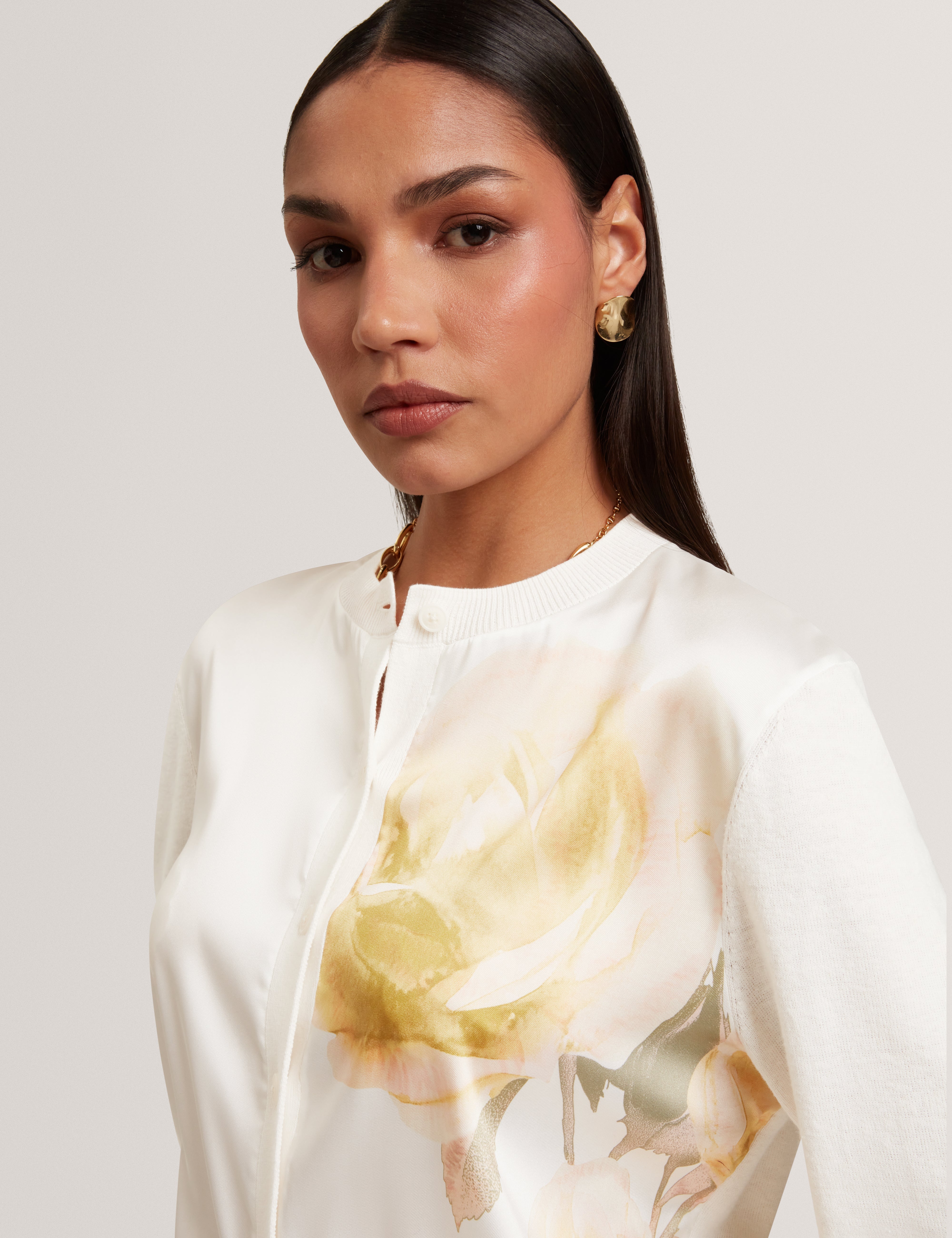 Isalda Printed Woven Front Cardigan Ivory