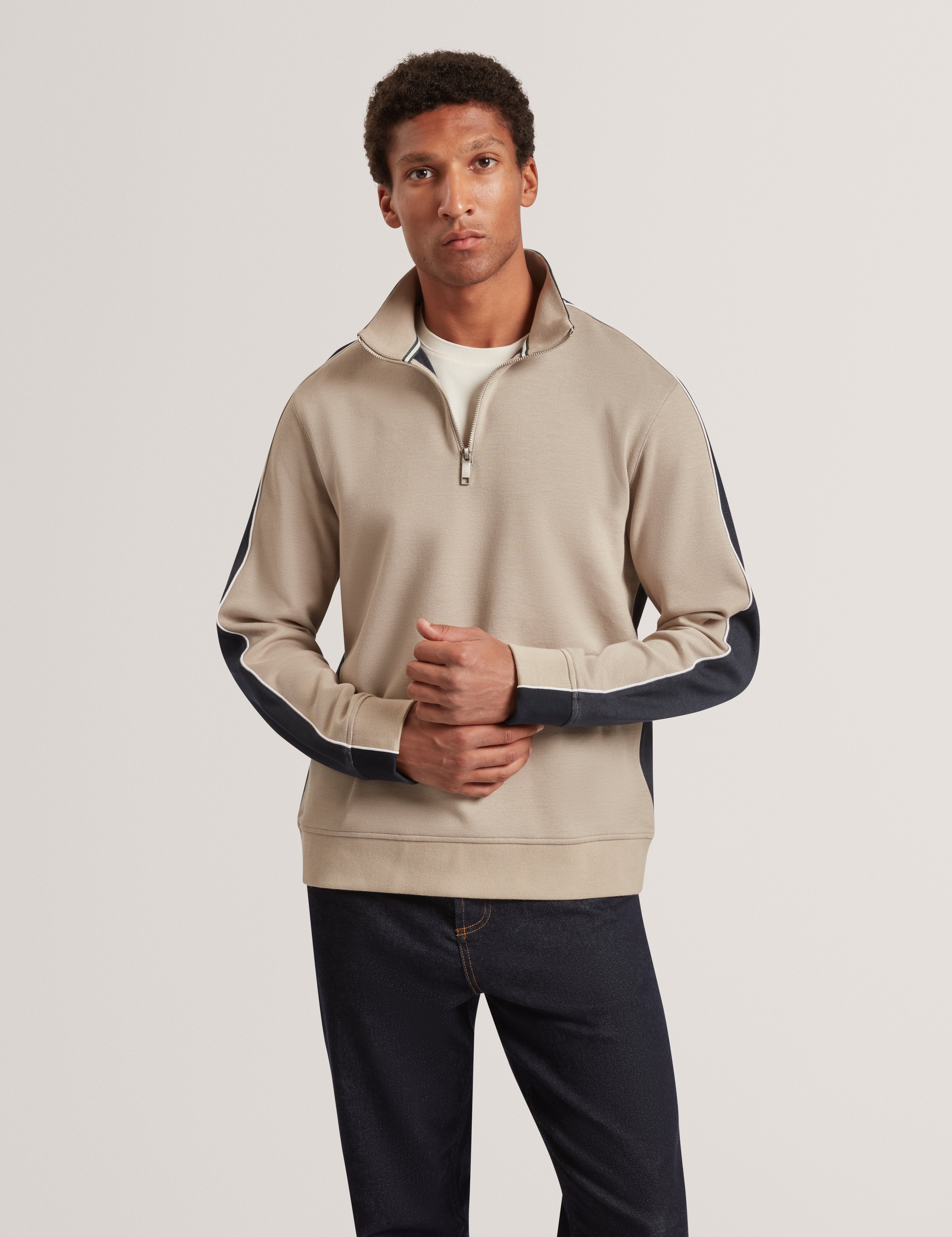 Koven Long Sleeve Two-Tone Half Zip Polo Taupe