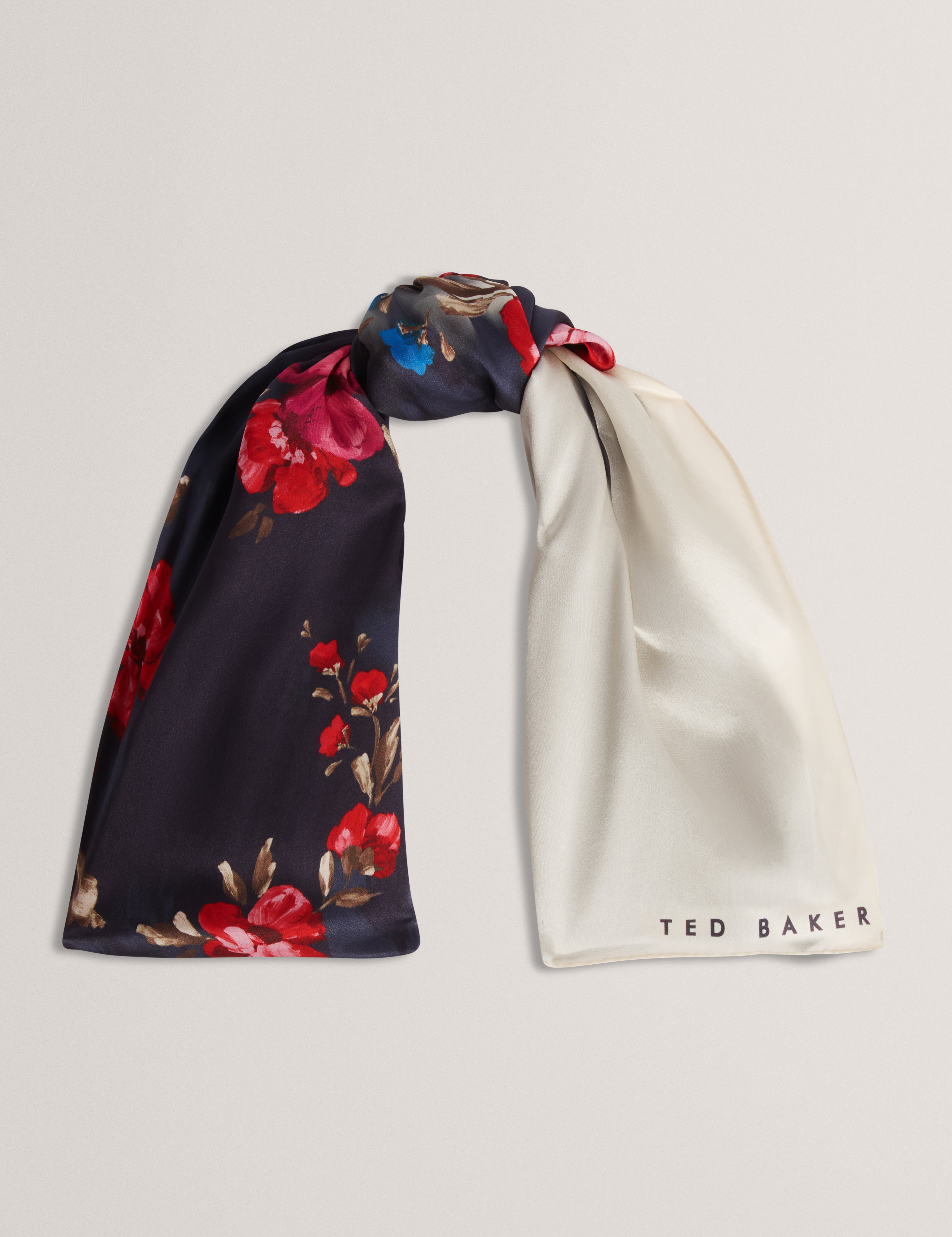 Teiaah Printed Silk Long Scarf Navy