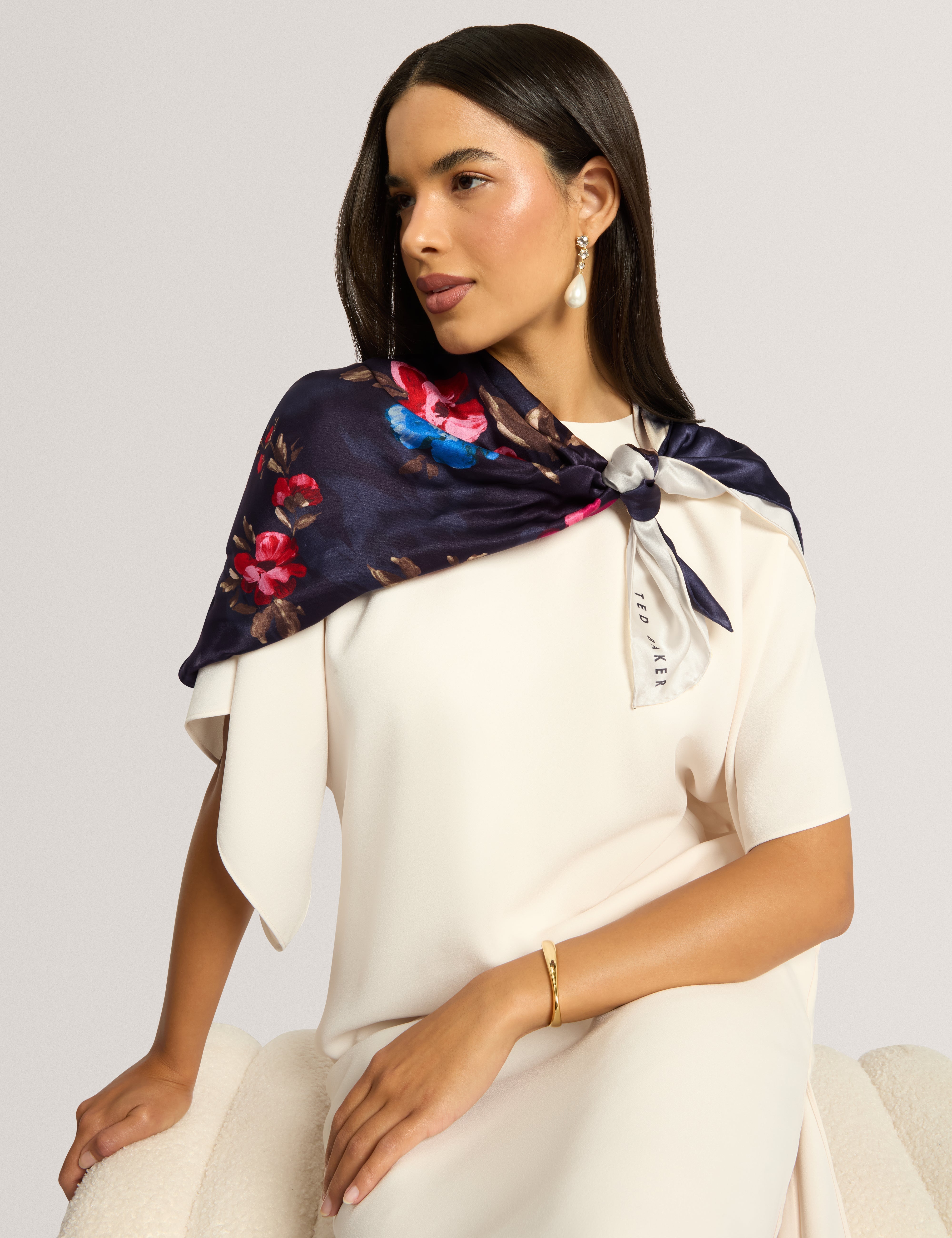 Teiaah Printed Silk Long Scarf Navy