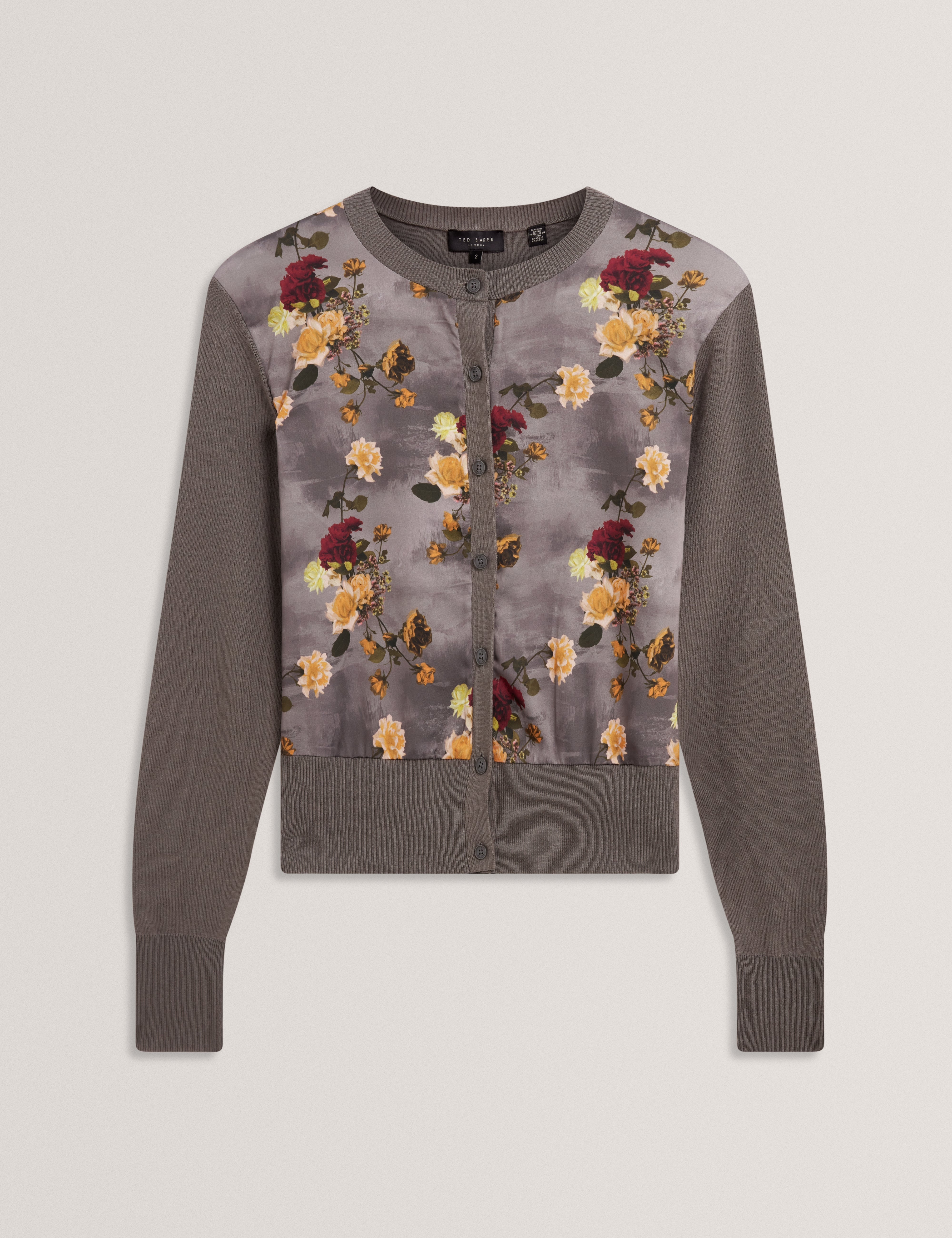 Rosalah Floral Printed Woven Front Cardigan Mid-Grey