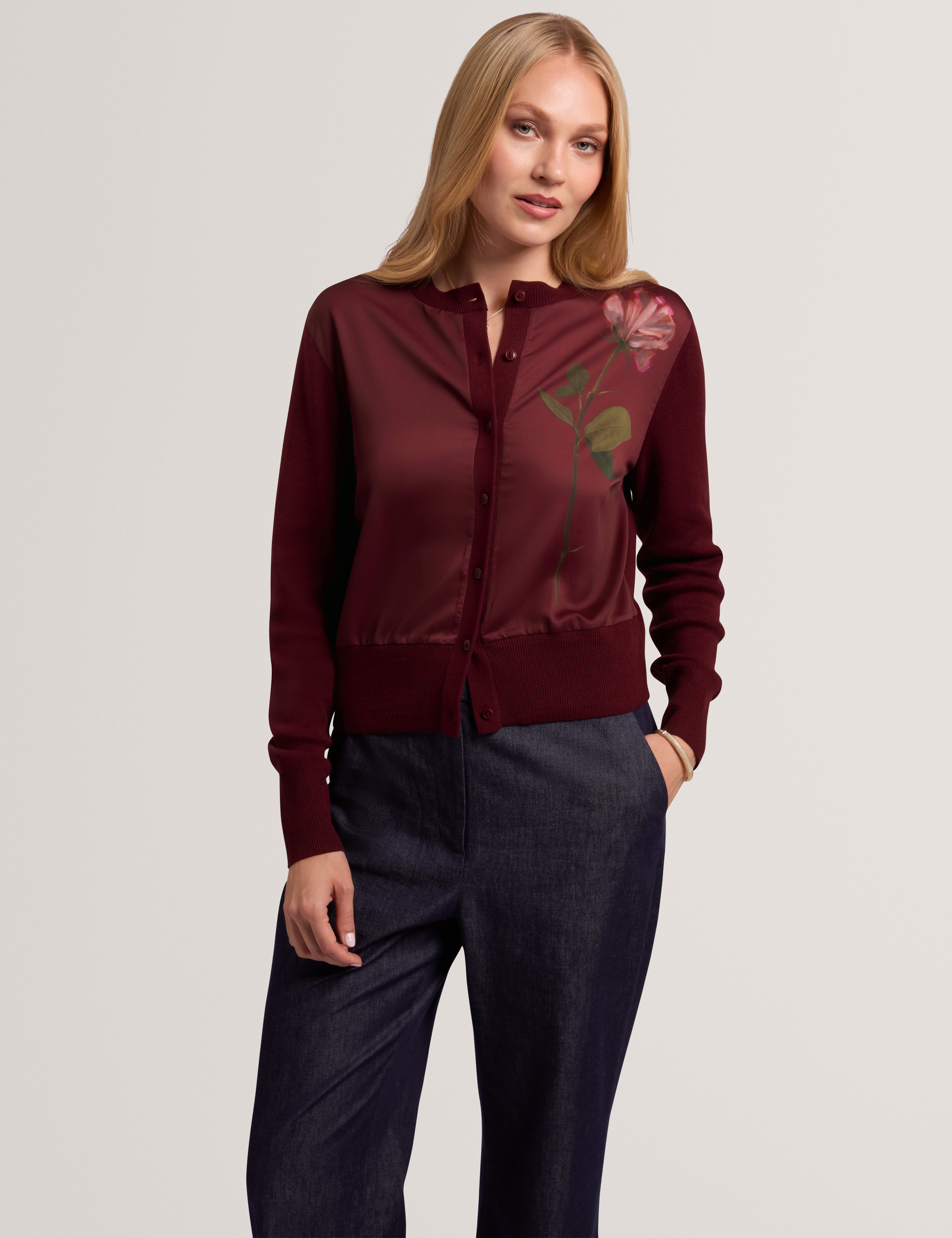 Nolya Floral Printed Woven Front Cardigan Maroon