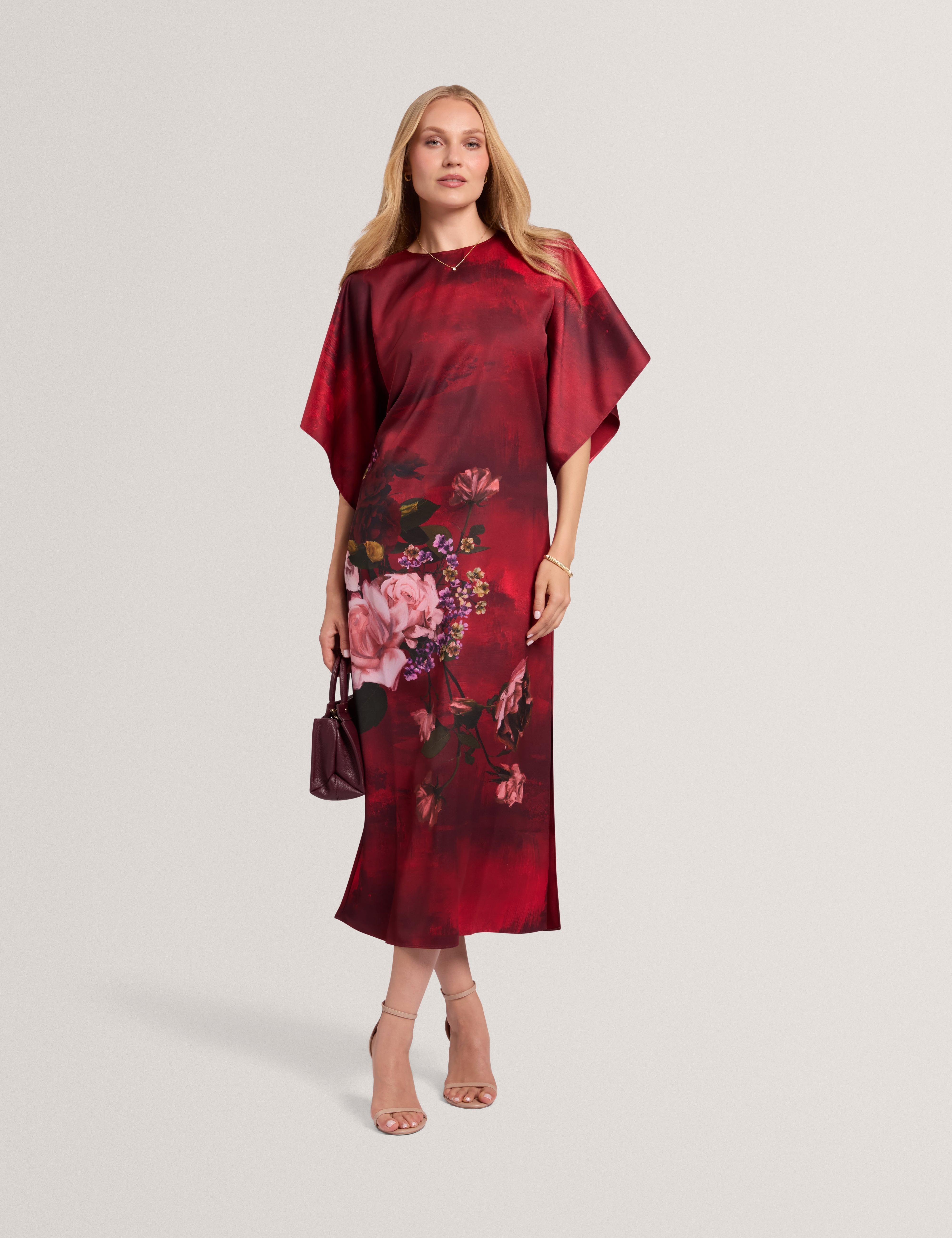 Meerai Floral Printed Bat Wing Midi Dress Red