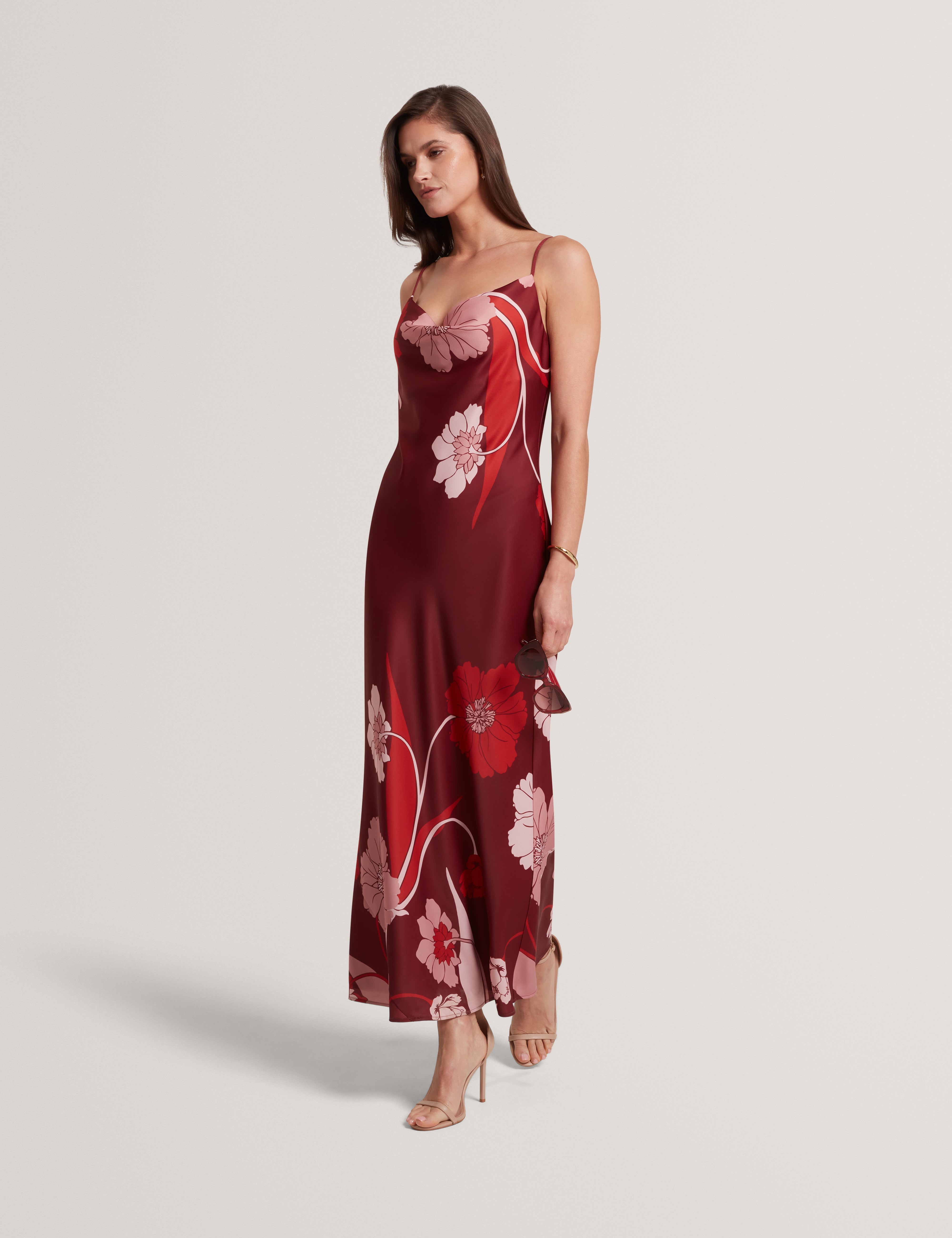Indora Printed Cowl Neck Maxi Dress Dk-Red