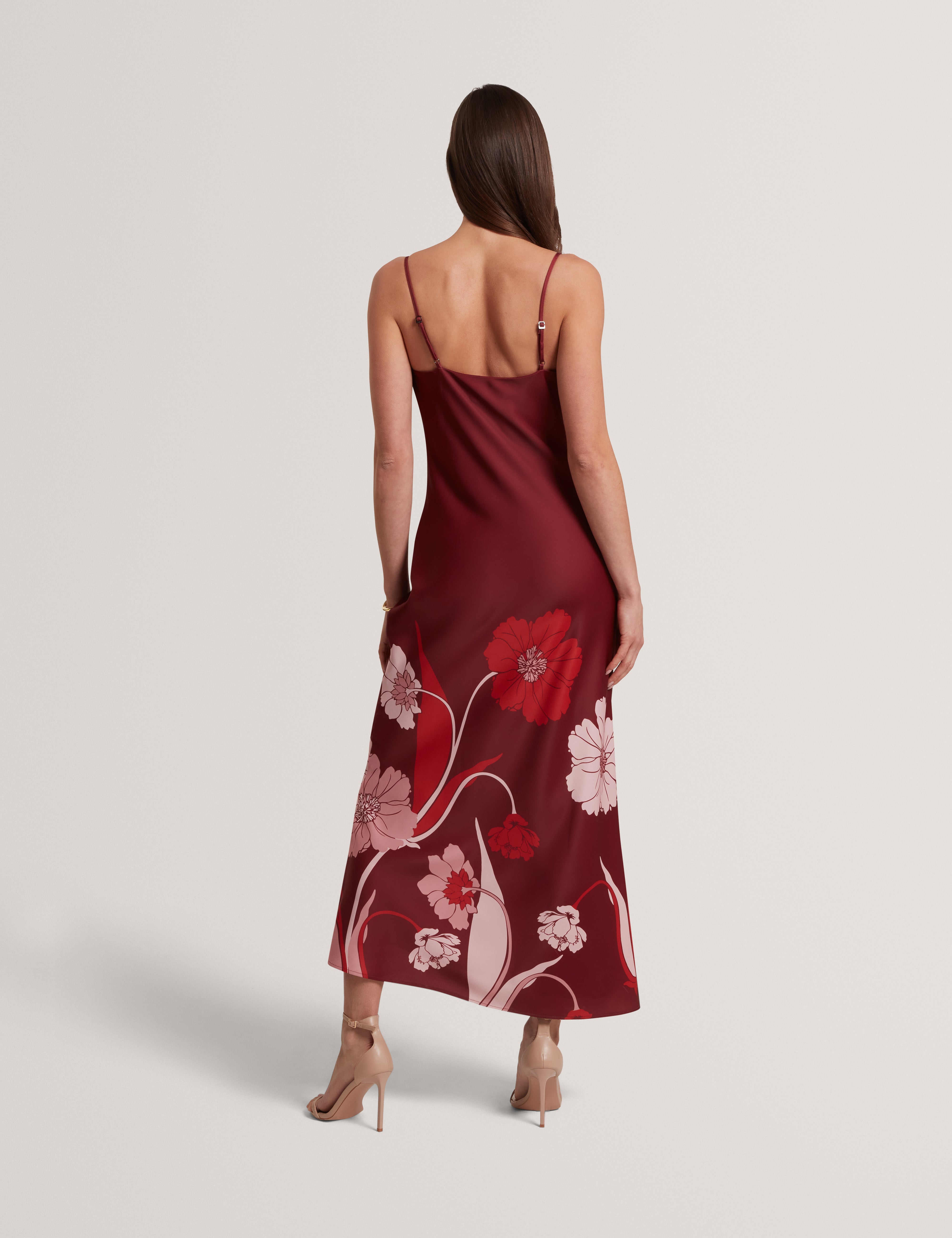 Indora Printed Cowl Neck Maxi Dress Dk-Red