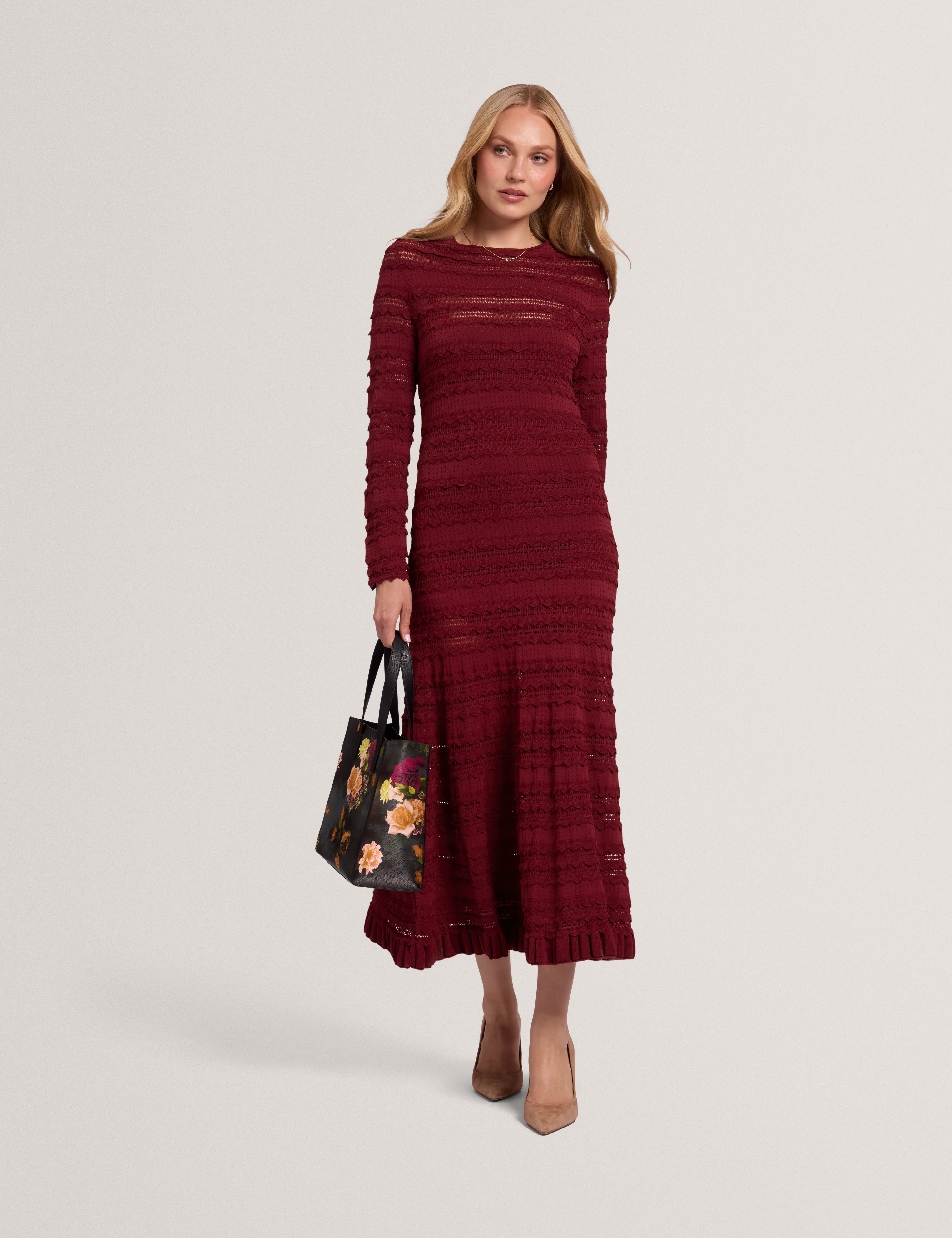 Kaseya Long Sleeve Knitted Midi Dress Maroon