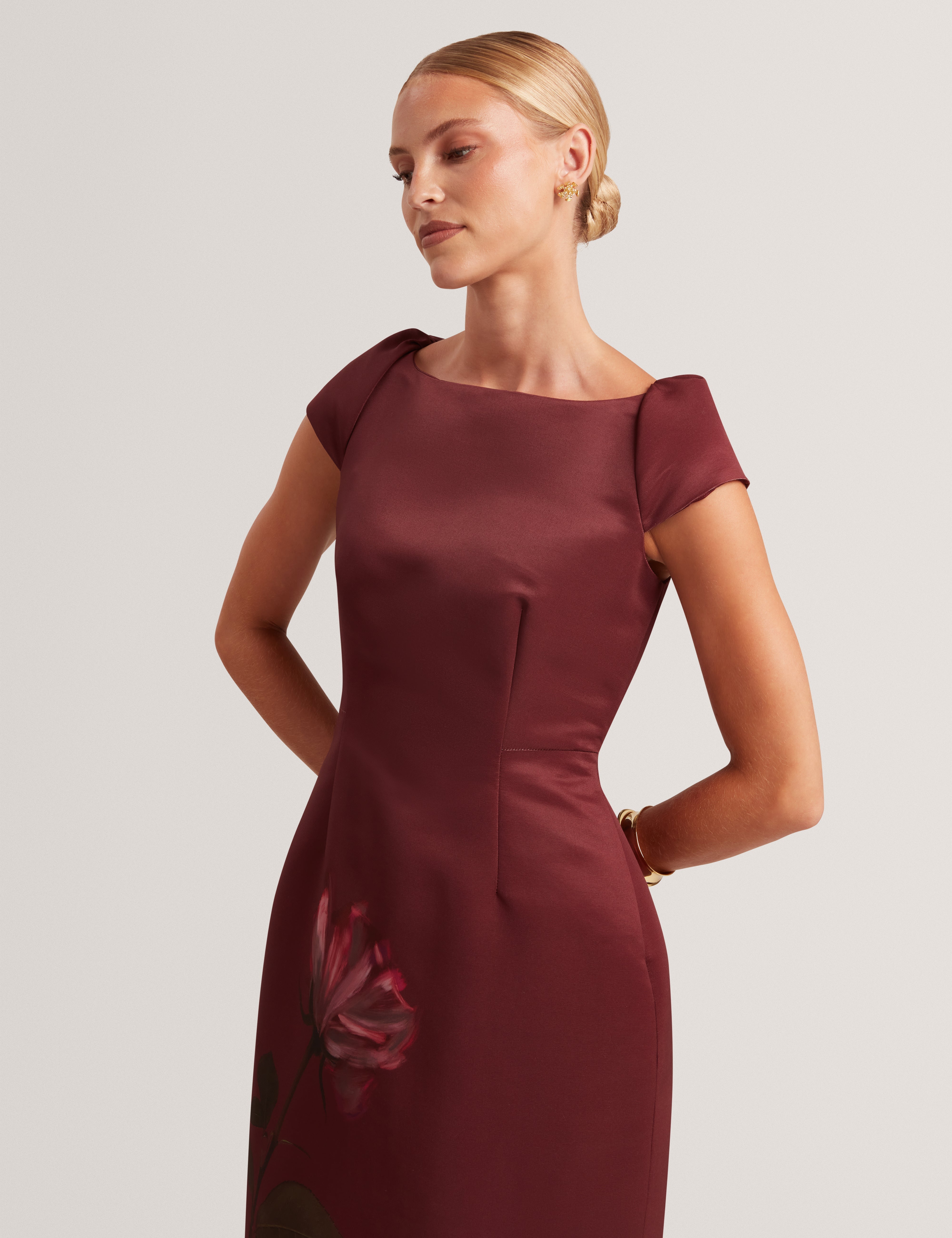 Relaa Printed Ottoman Midi Dress Maroon