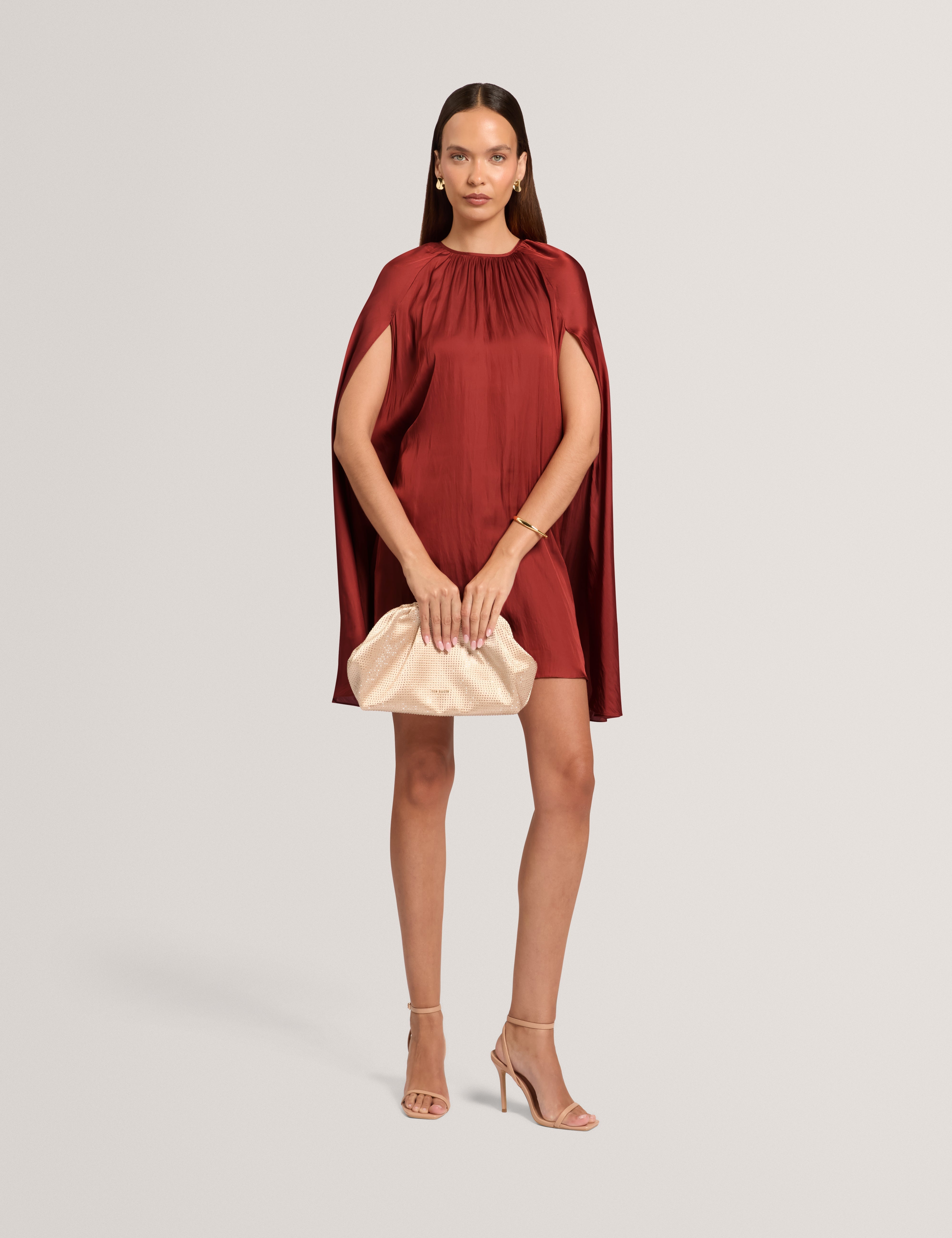 Joyela Satin Crew Neck Mini Dress Burnt Red
