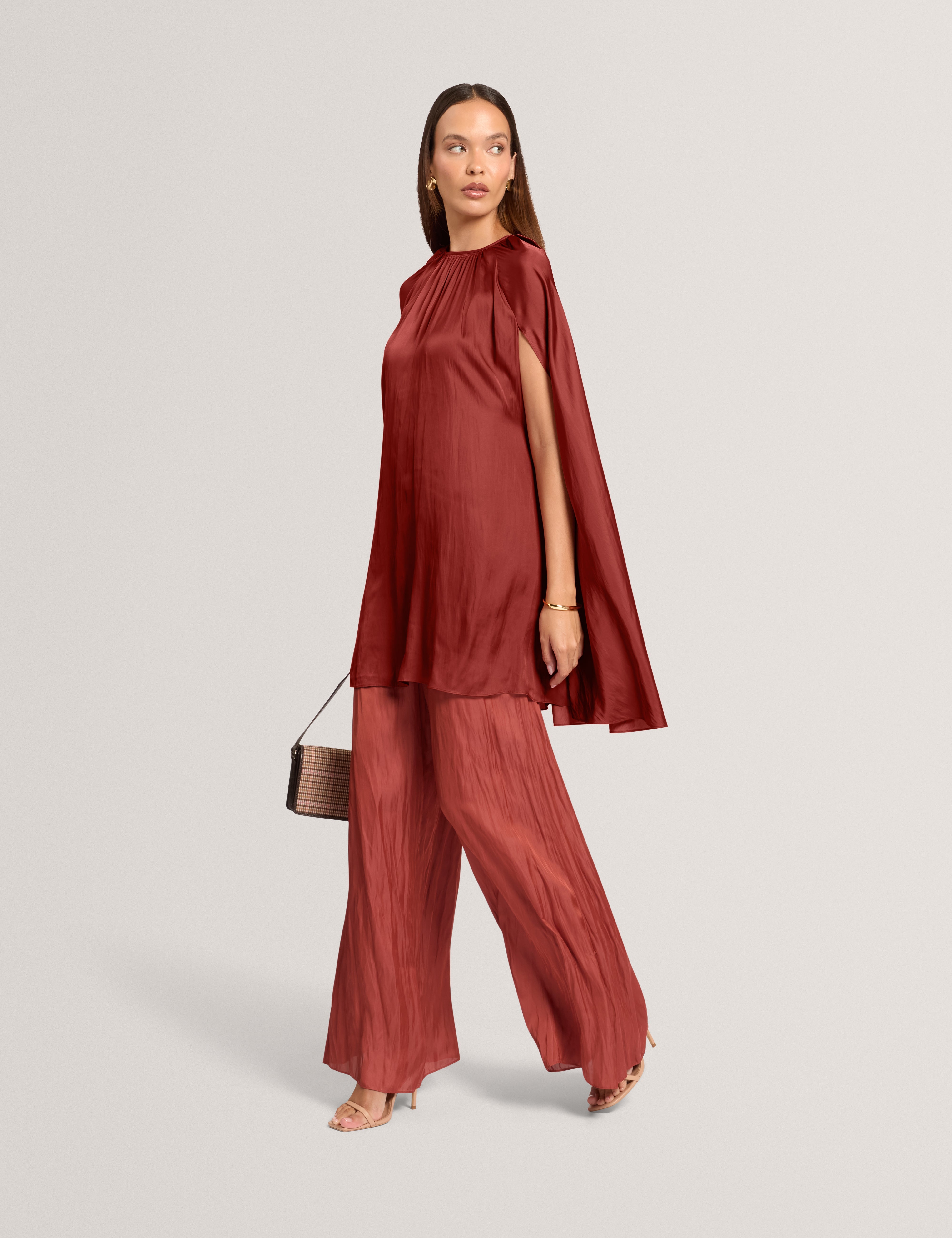 Joyela Satin Crew Neck Mini Dress Burnt Red