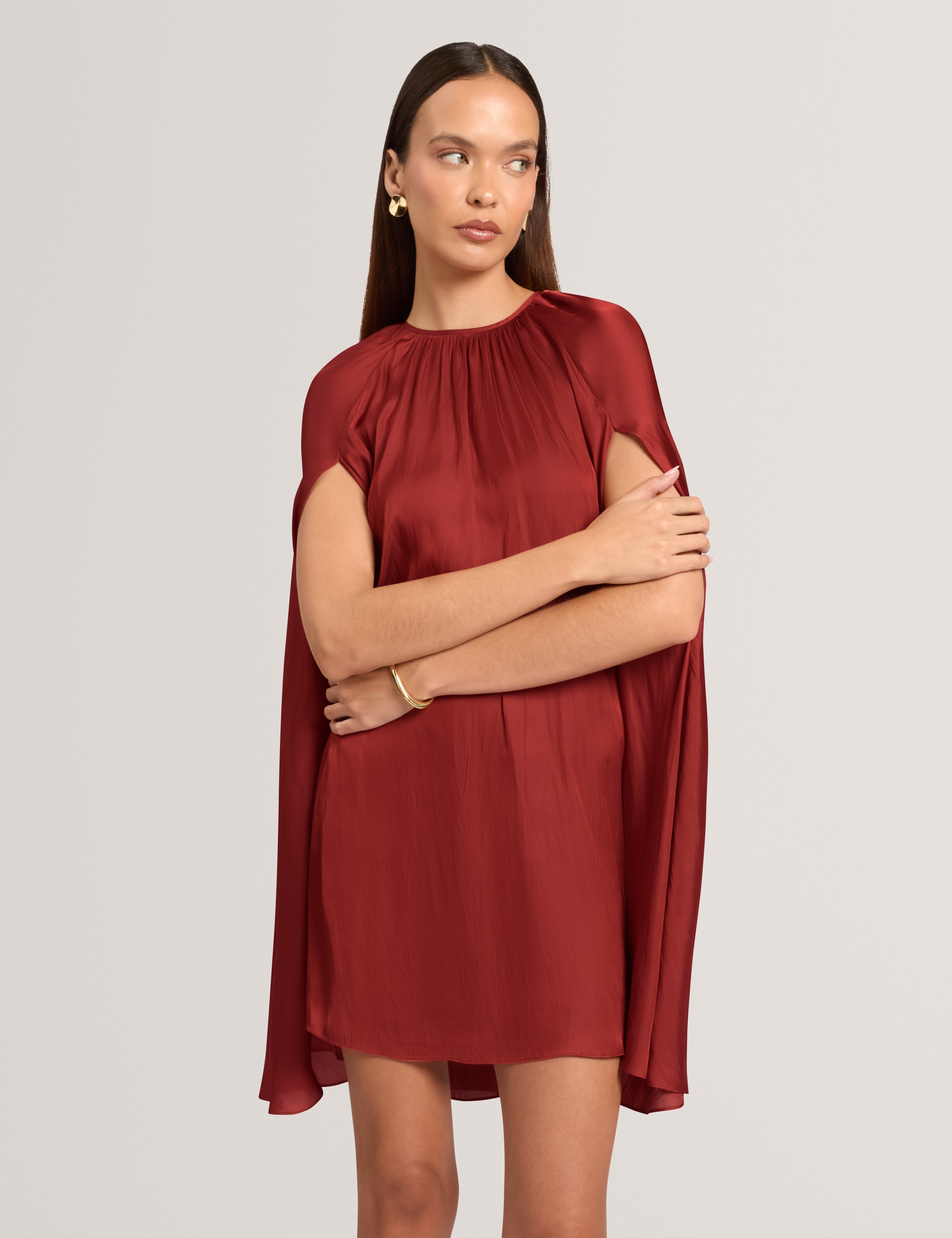 Joyela Satin Crew Neck Mini Dress Burnt Red