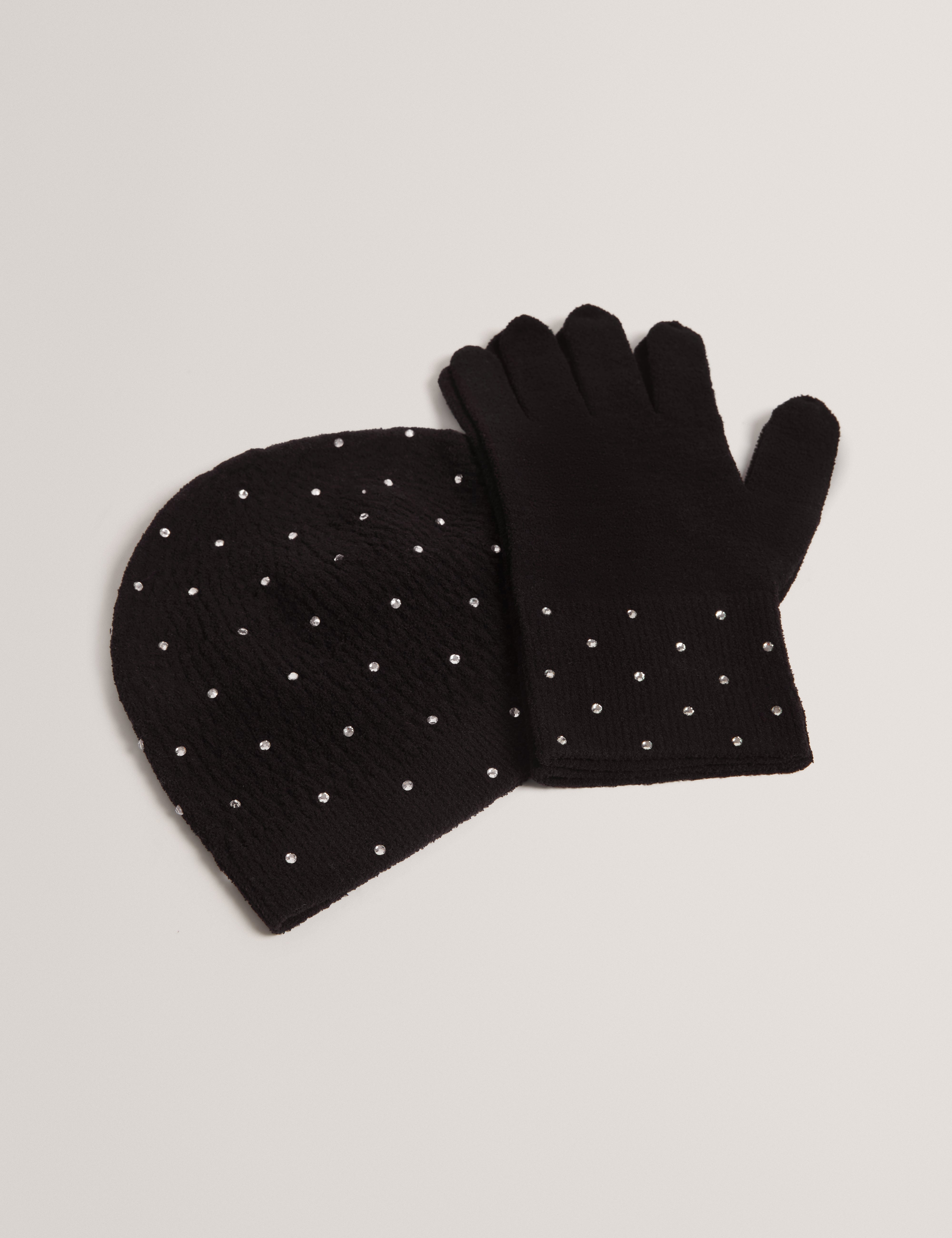 Twynkyl Hot Fix Crystal Hat And Glove Set Black