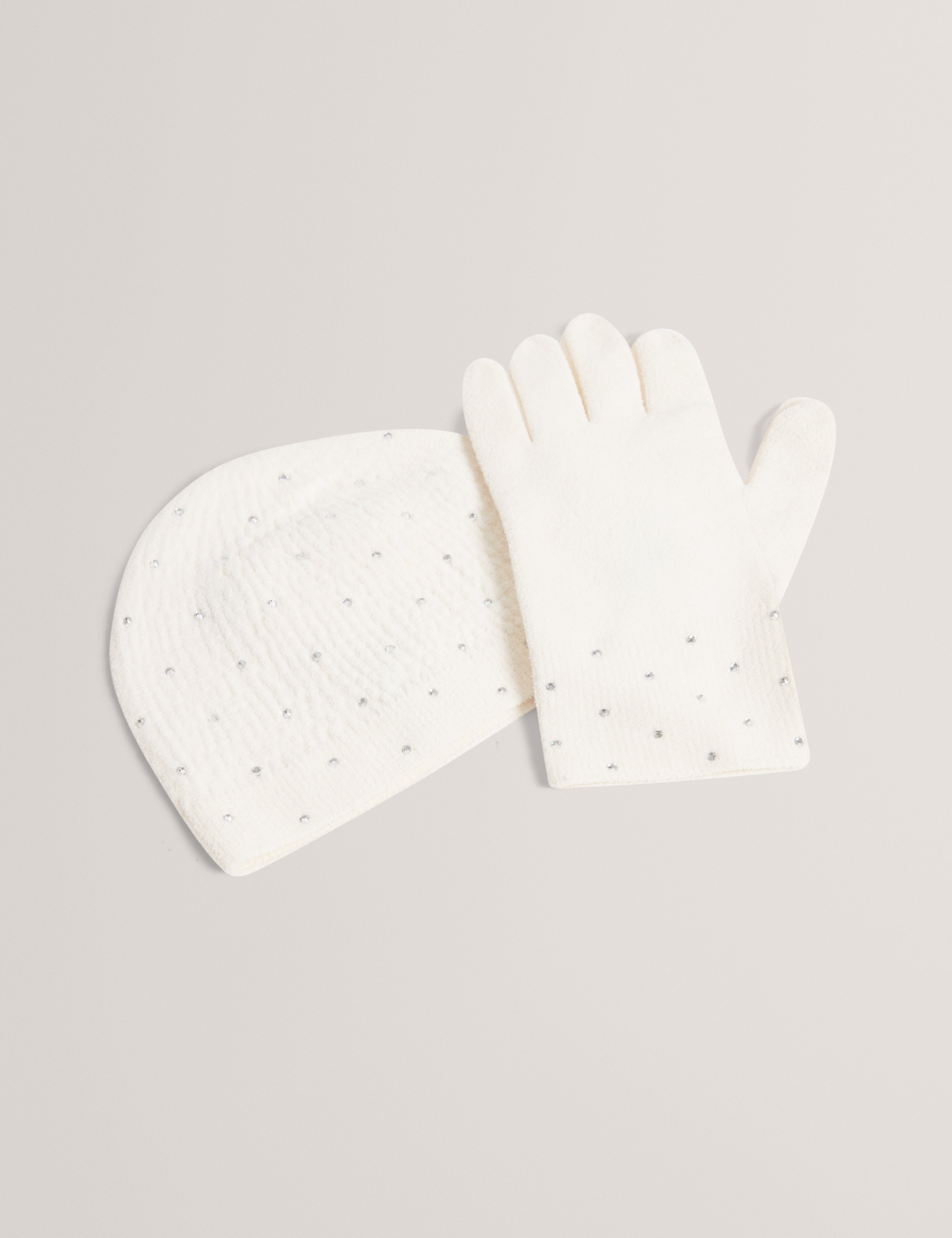 Twynkyl Hot Fix Crystal Hat And Glove Set Ivory
