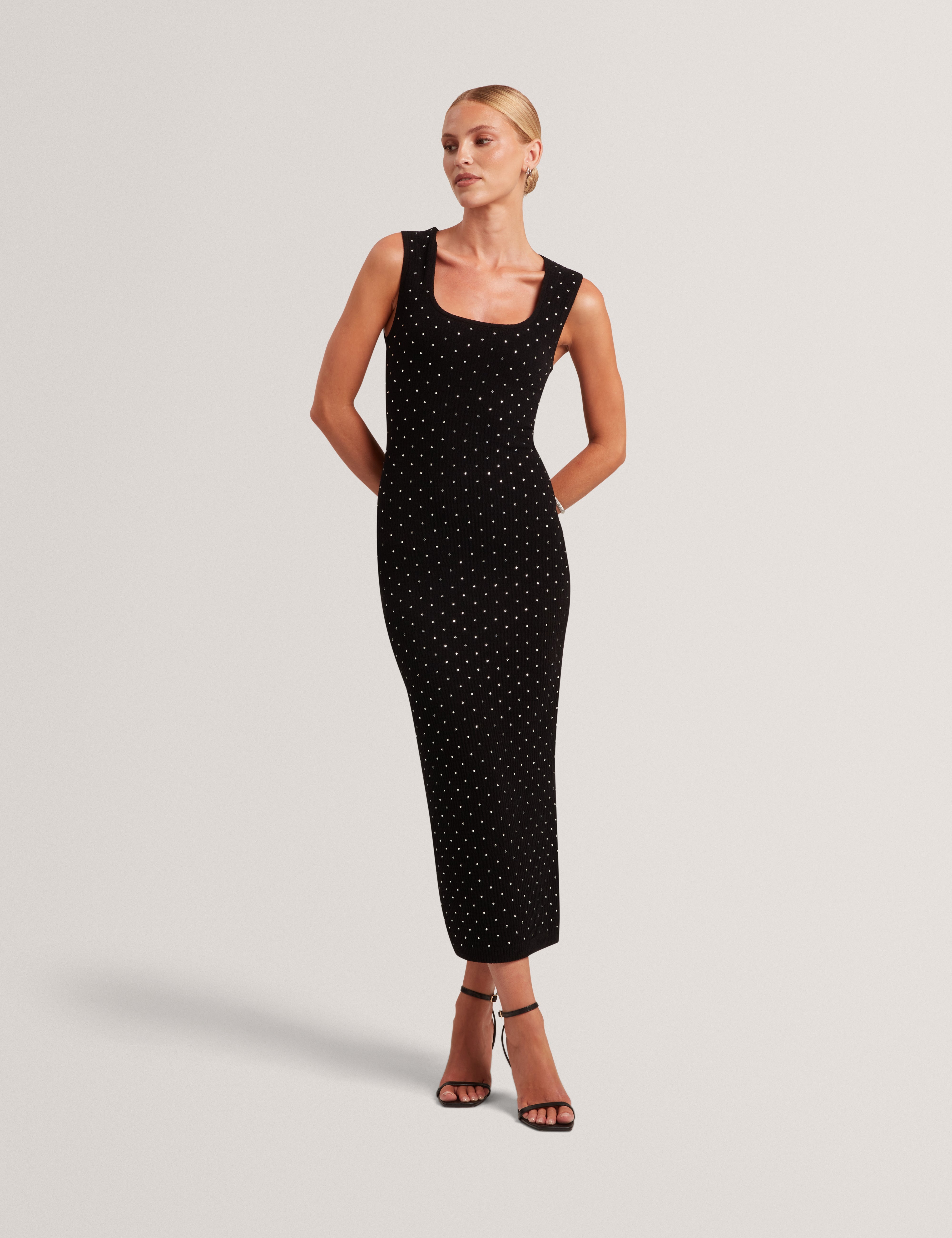 Nyella Open Neck Hot Fix Bodycon Midi Dress Black