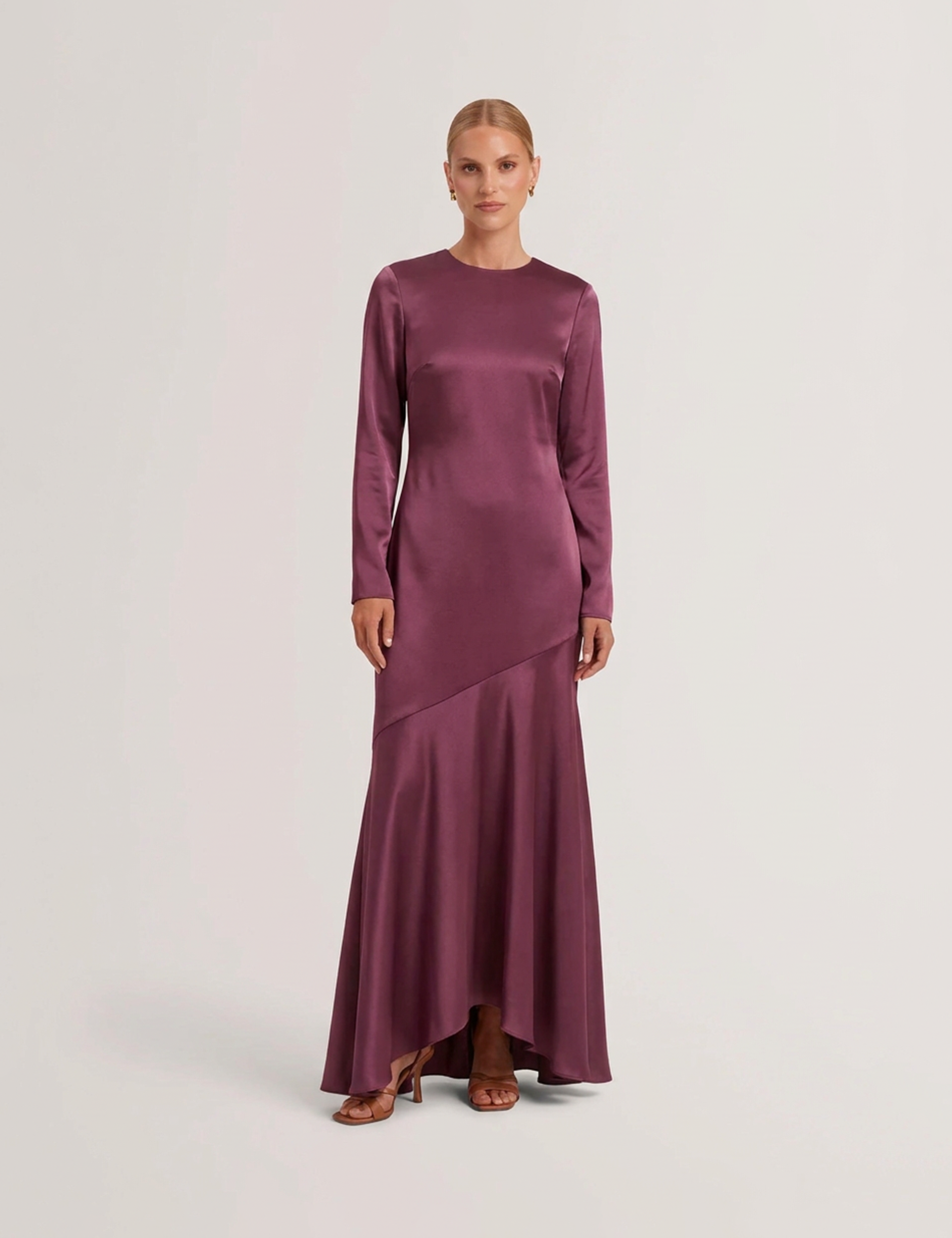 Shkye Long Sleeve Diagonal Waist Seam Maxi Dress Maroon