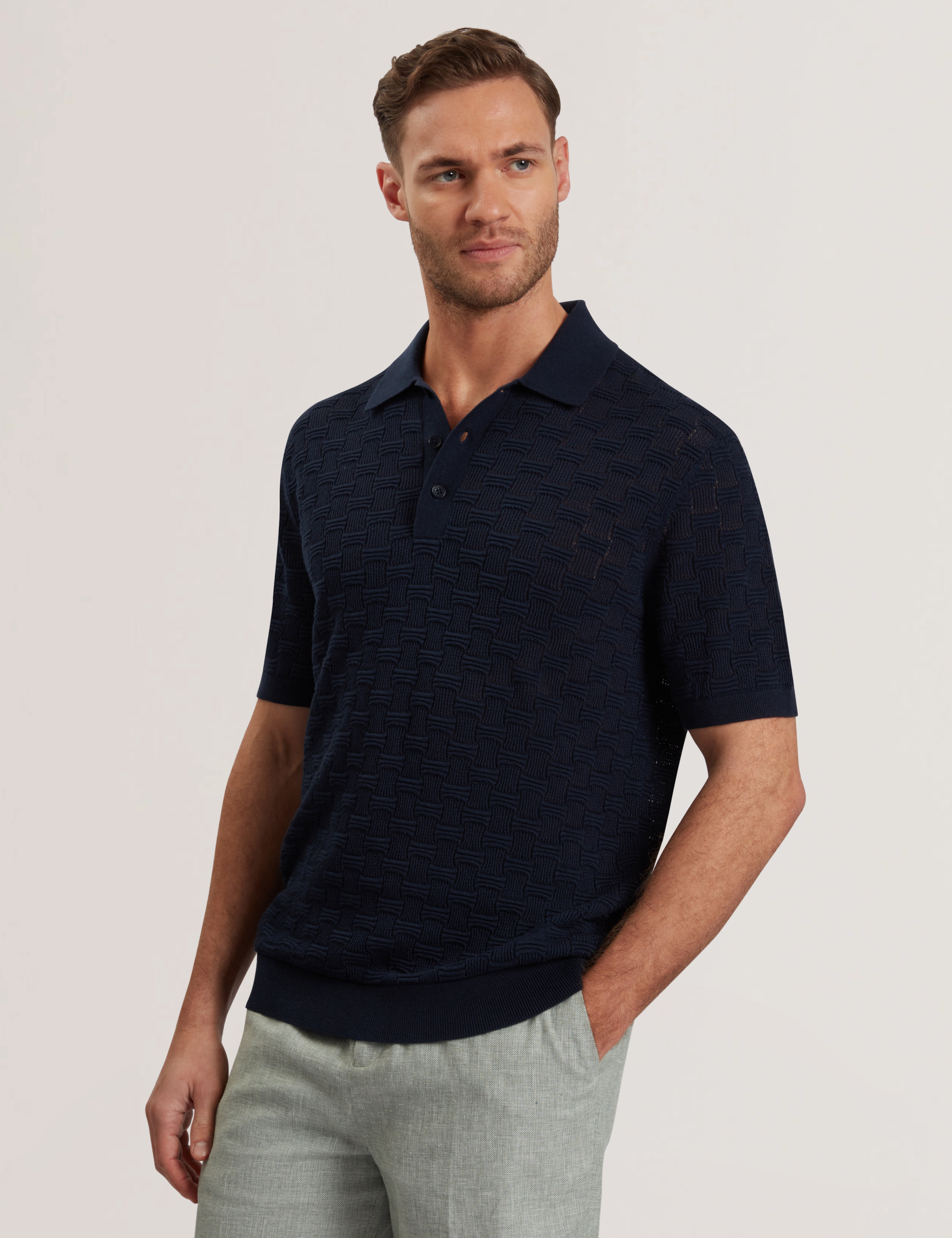 Waterby Short Sleeve Textured Silk Cotton Polo Shirt   Mid-Navy