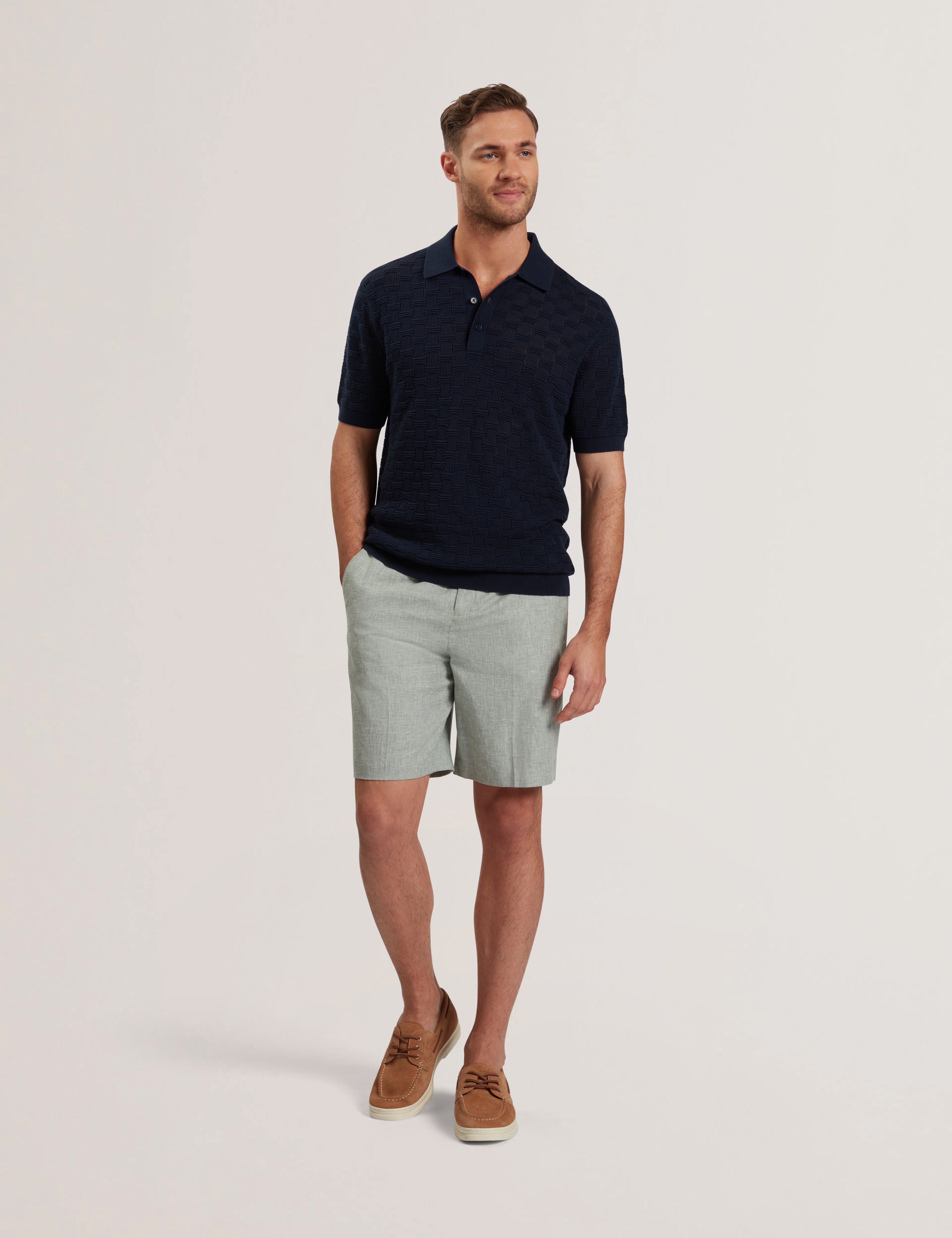 Waterby Short Sleeve Textured Silk Cotton Polo Shirt   Mid-Navy
