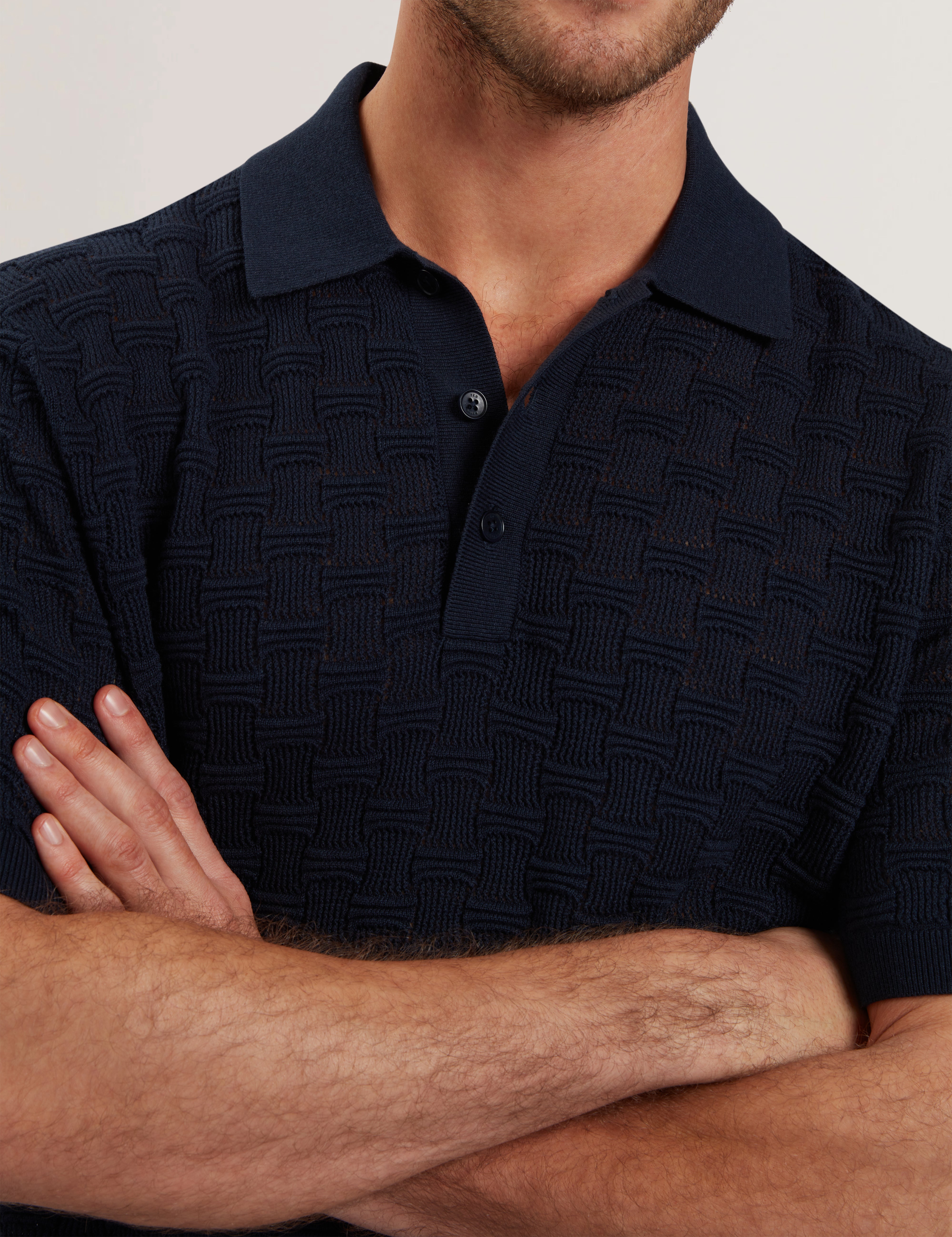 Waterby Short Sleeve Textured Silk Cotton Polo Shirt   Mid-Navy