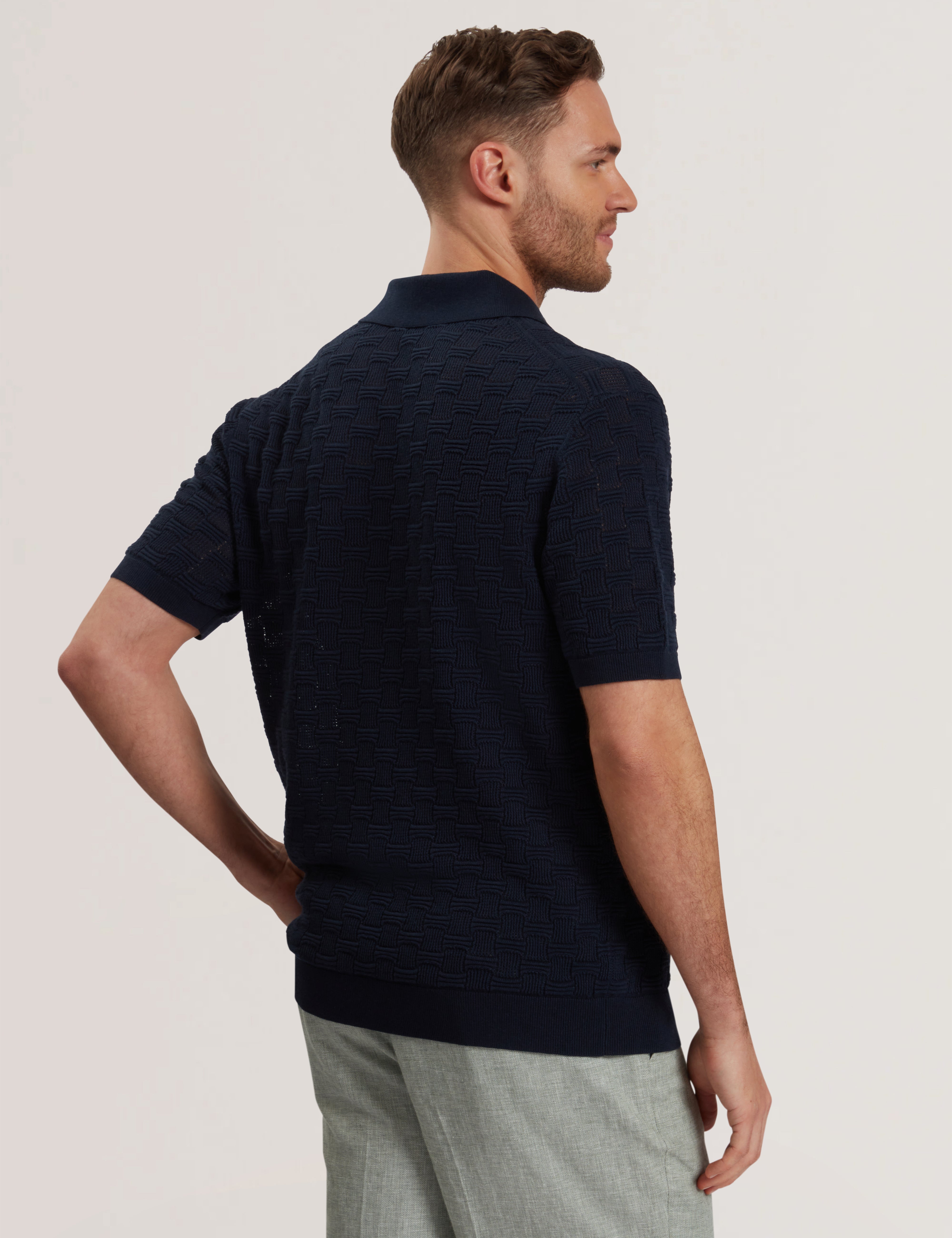 Waterby Short Sleeve Textured Silk Cotton Polo Shirt   Mid-Navy