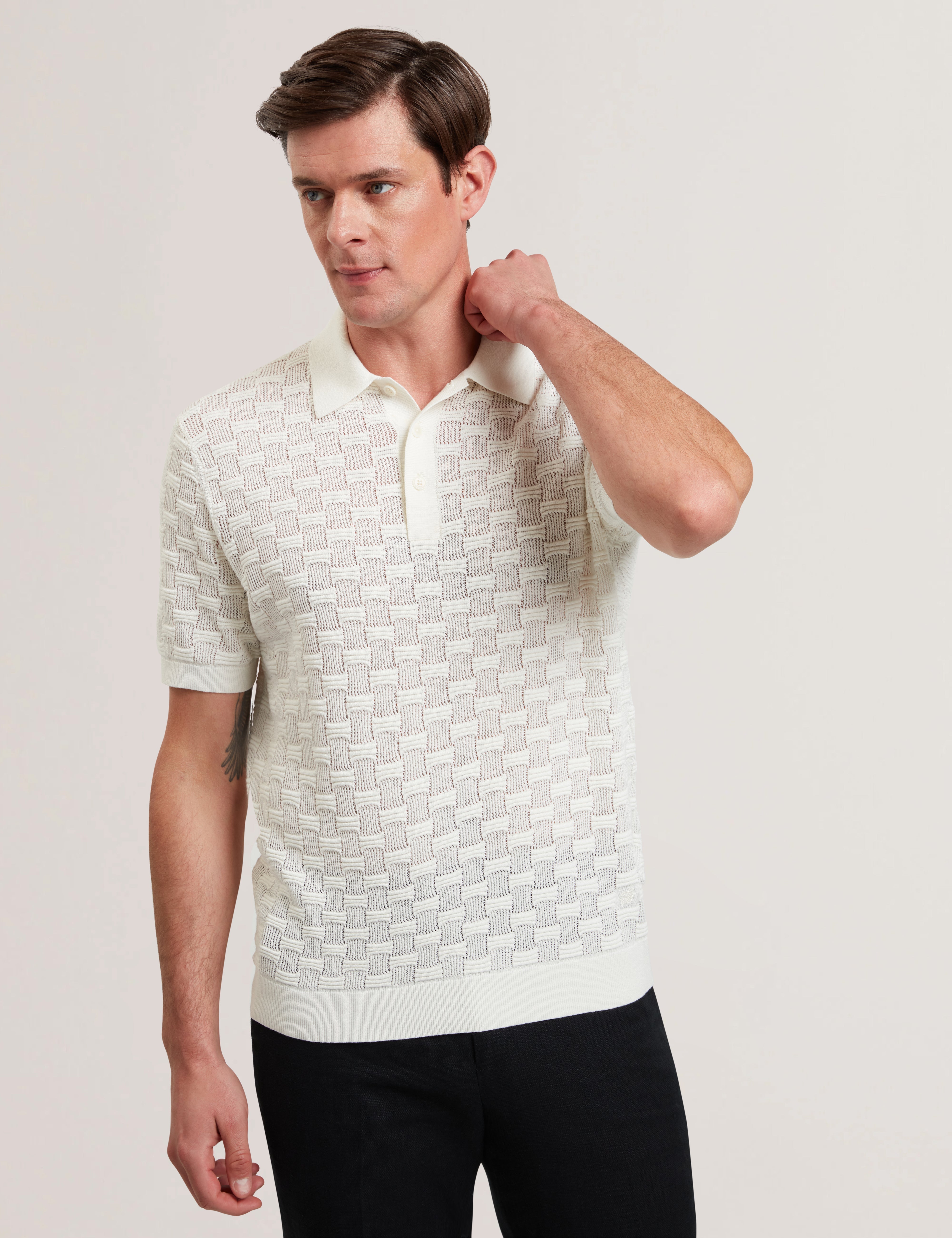 Waterby Short Sleeve Textured Silk Cotton Polo Shirt   White