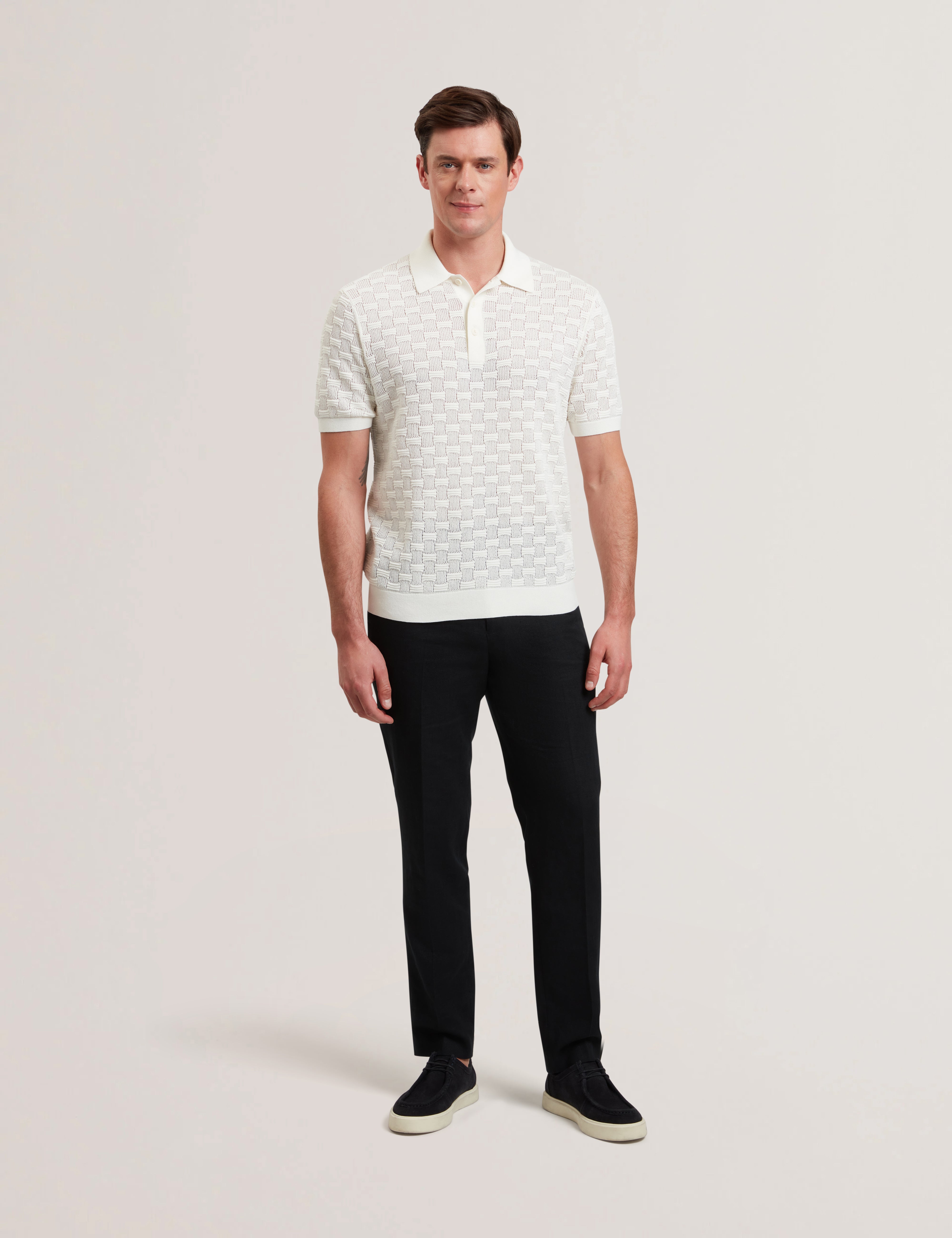 Waterby Short Sleeve Textured Silk Cotton Polo Shirt   White